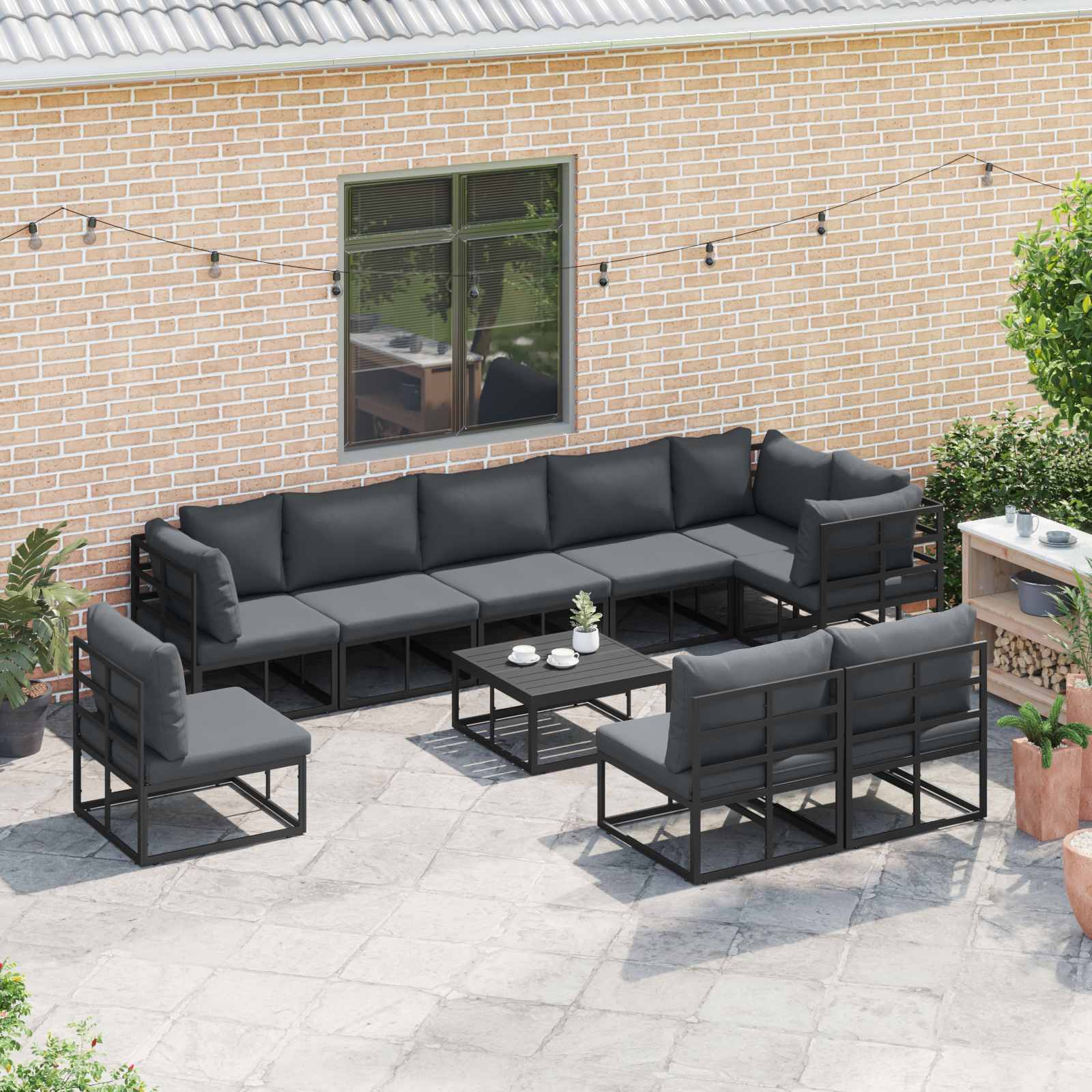 Gartensofa-set mit Kissen 9 pcs Schwarz Aluminium