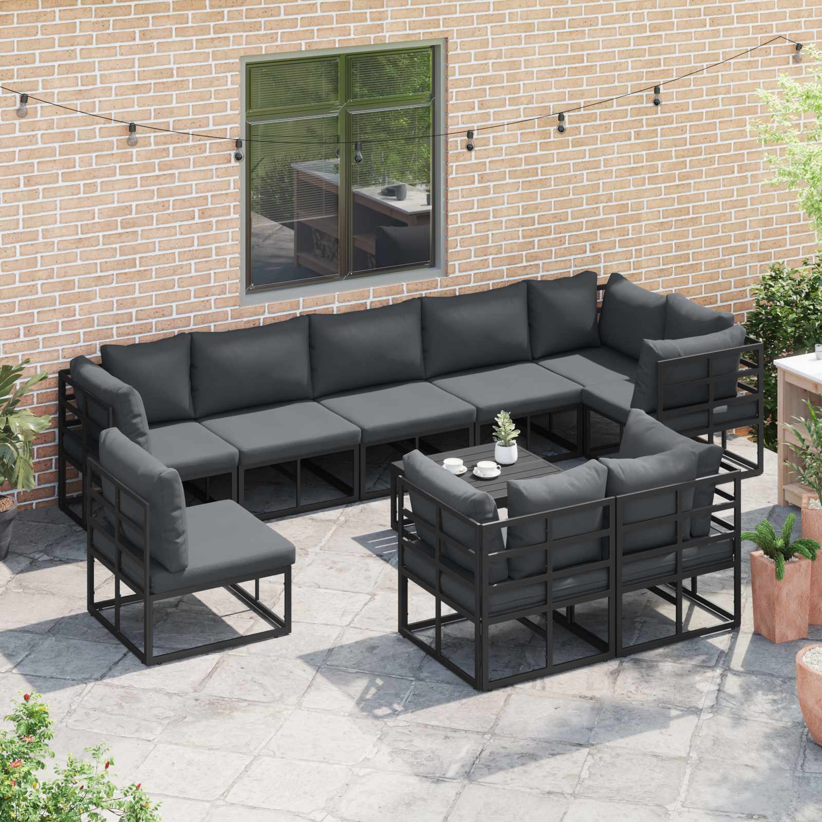 Gartensofa-set mit Kissen 9 pcs Schwarz Aluminium