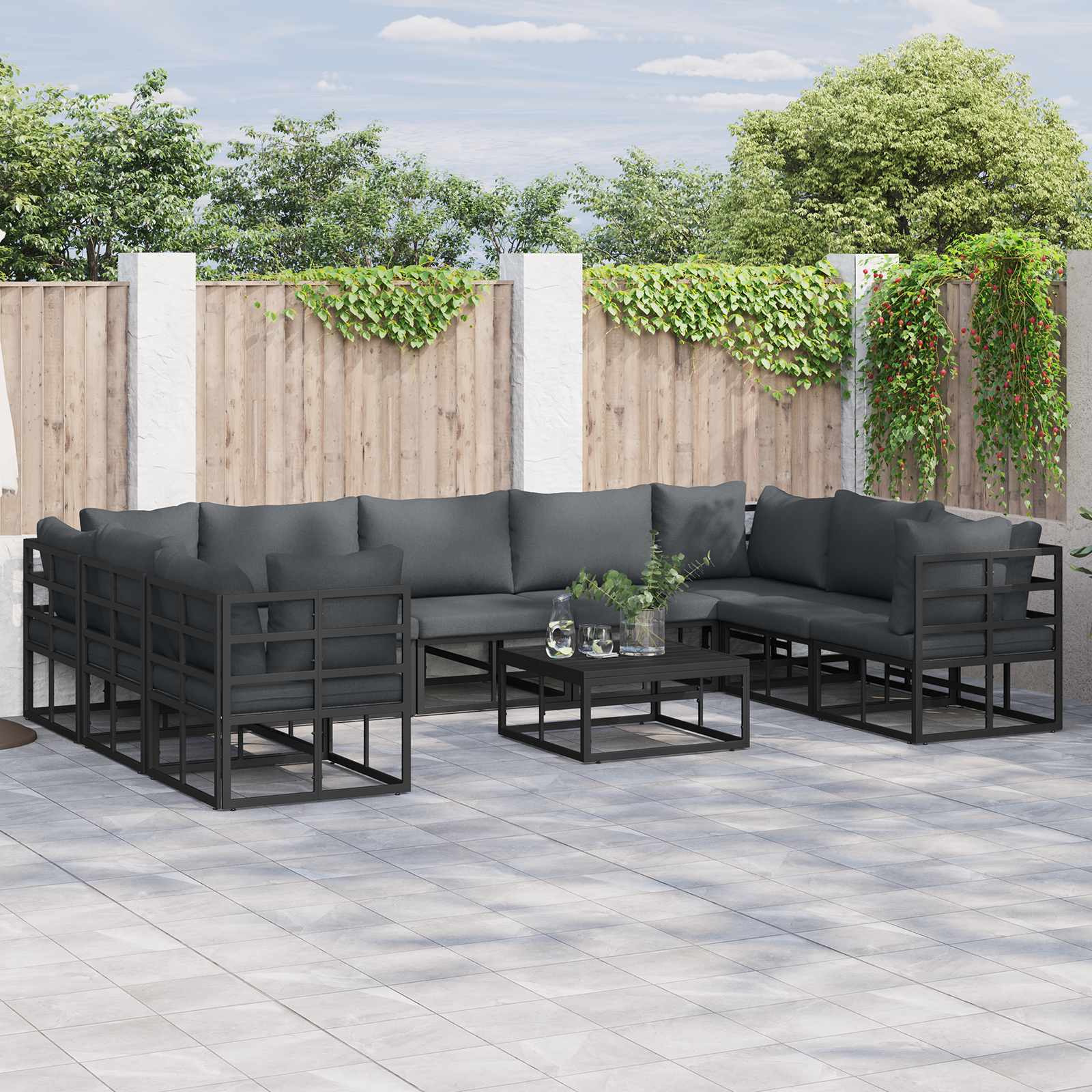 Gartensofa-set mit Kissen 9 pcs Schwarz Aluminium