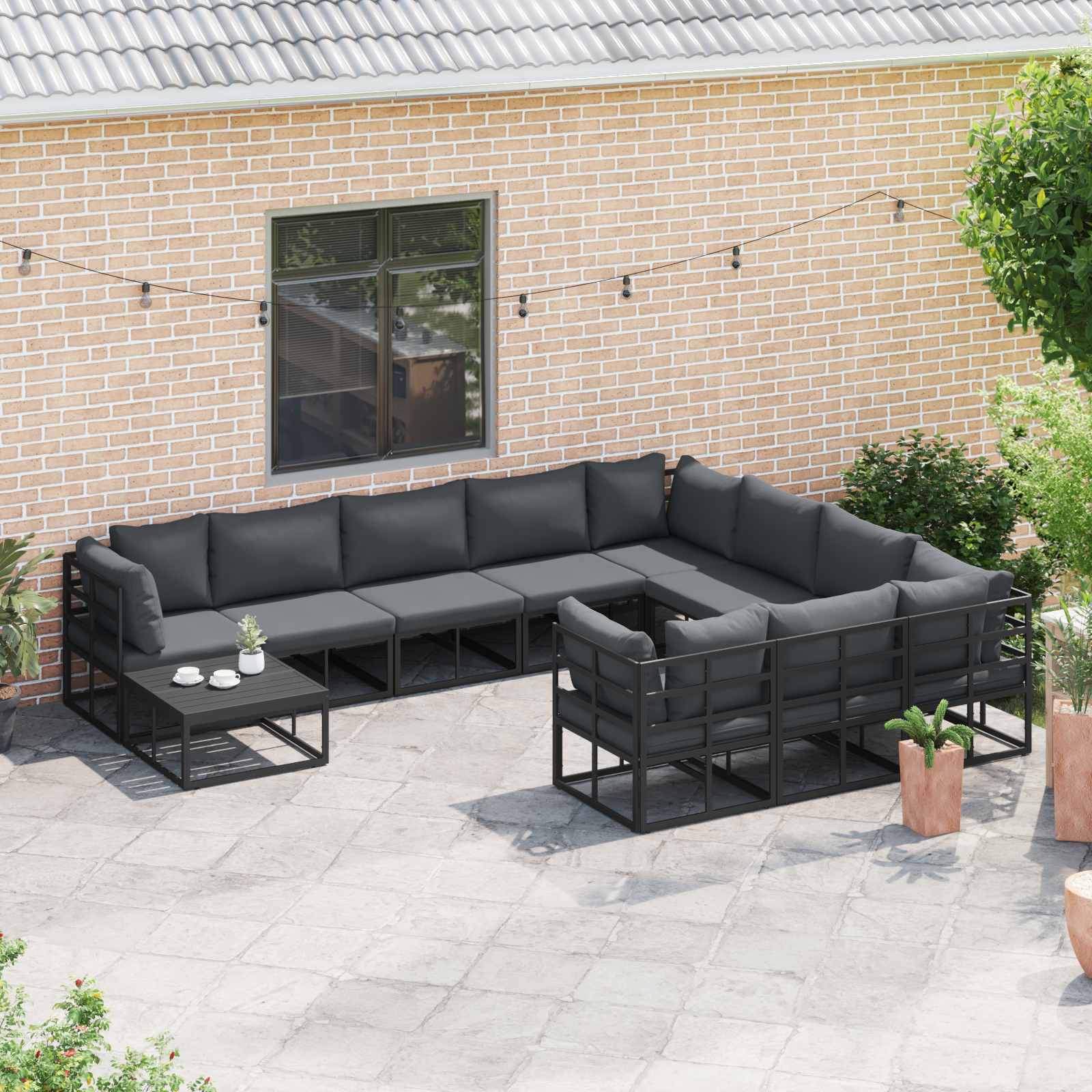 Gartensofa-set mit Kissen 10 pcs Schwarz Aluminium