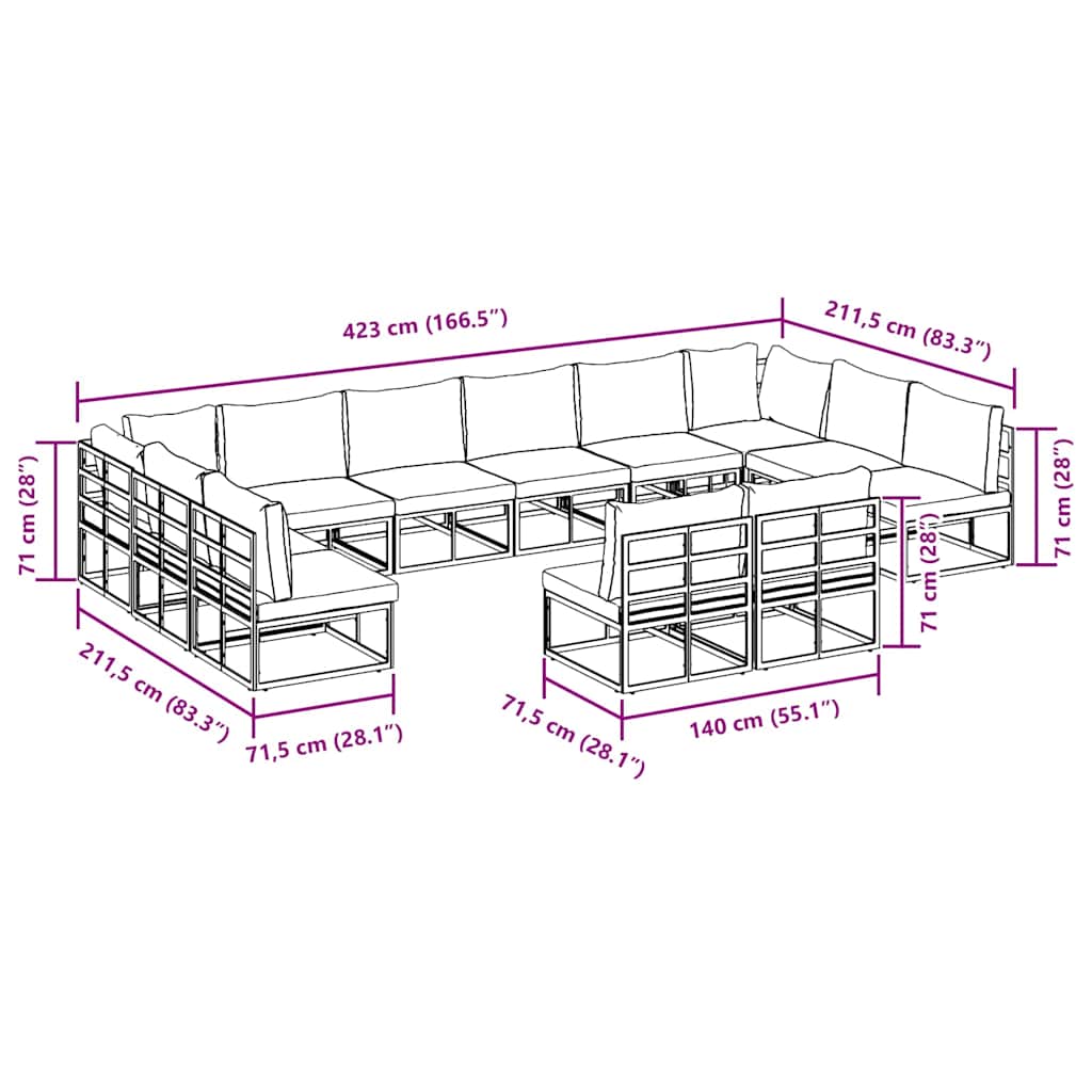 Gartensofa-set mit Kissen 12 pcs Schwarz Aluminium