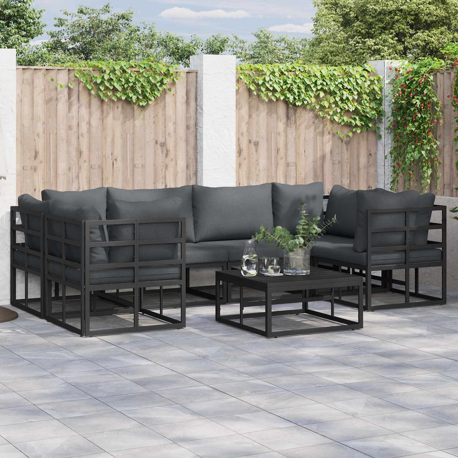 Gartensofa-set mit Kissen 7 pcs Schwarz Aluminium