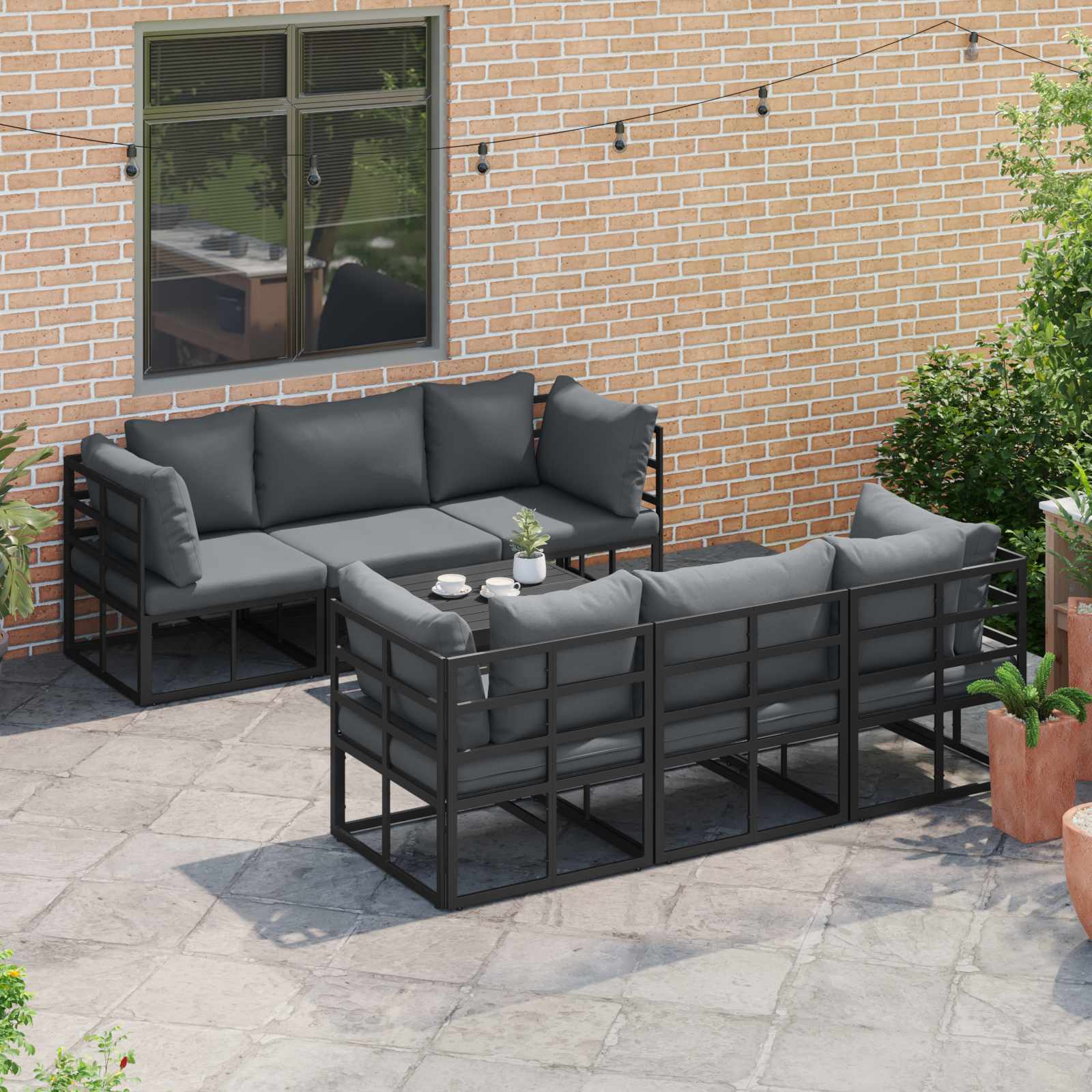 Gartensofa-set mit Kissen 7 pcs Schwarz Aluminium