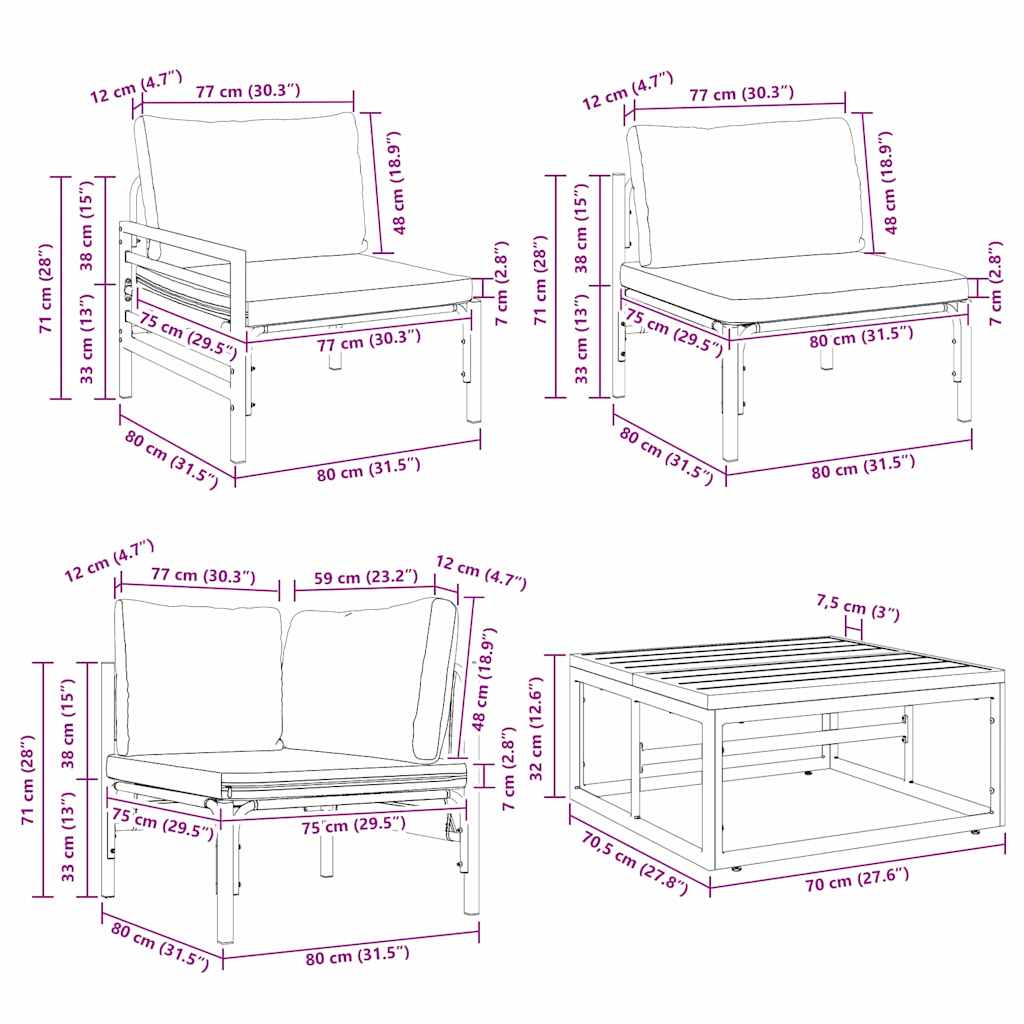 Gartensofa-set mit Kissen 7 pcs Schwarz Stahl