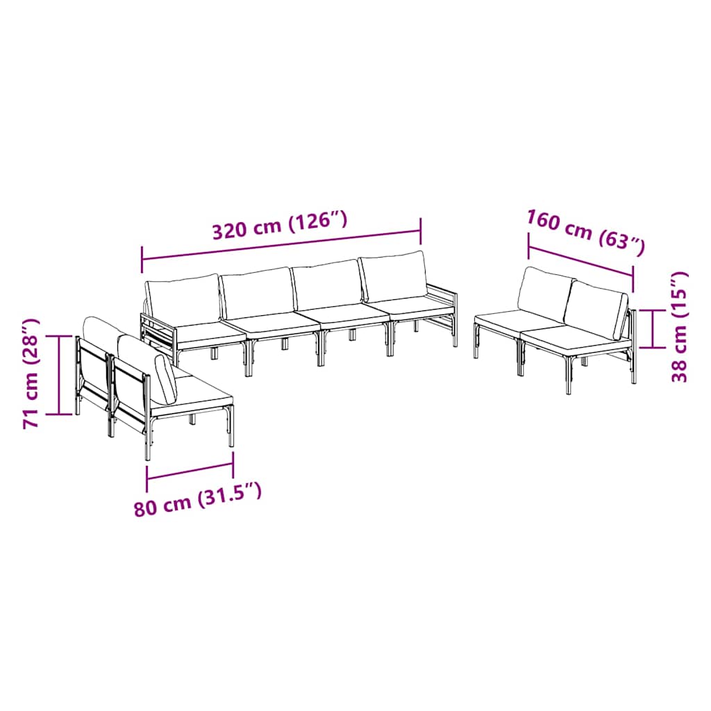 Gartensofa-set mit Kissen 8 pcs Schwarz Stahl