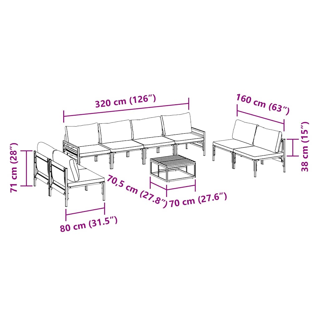 Gartensofa-set mit Kissen 9 pcs Schwarz Stahl