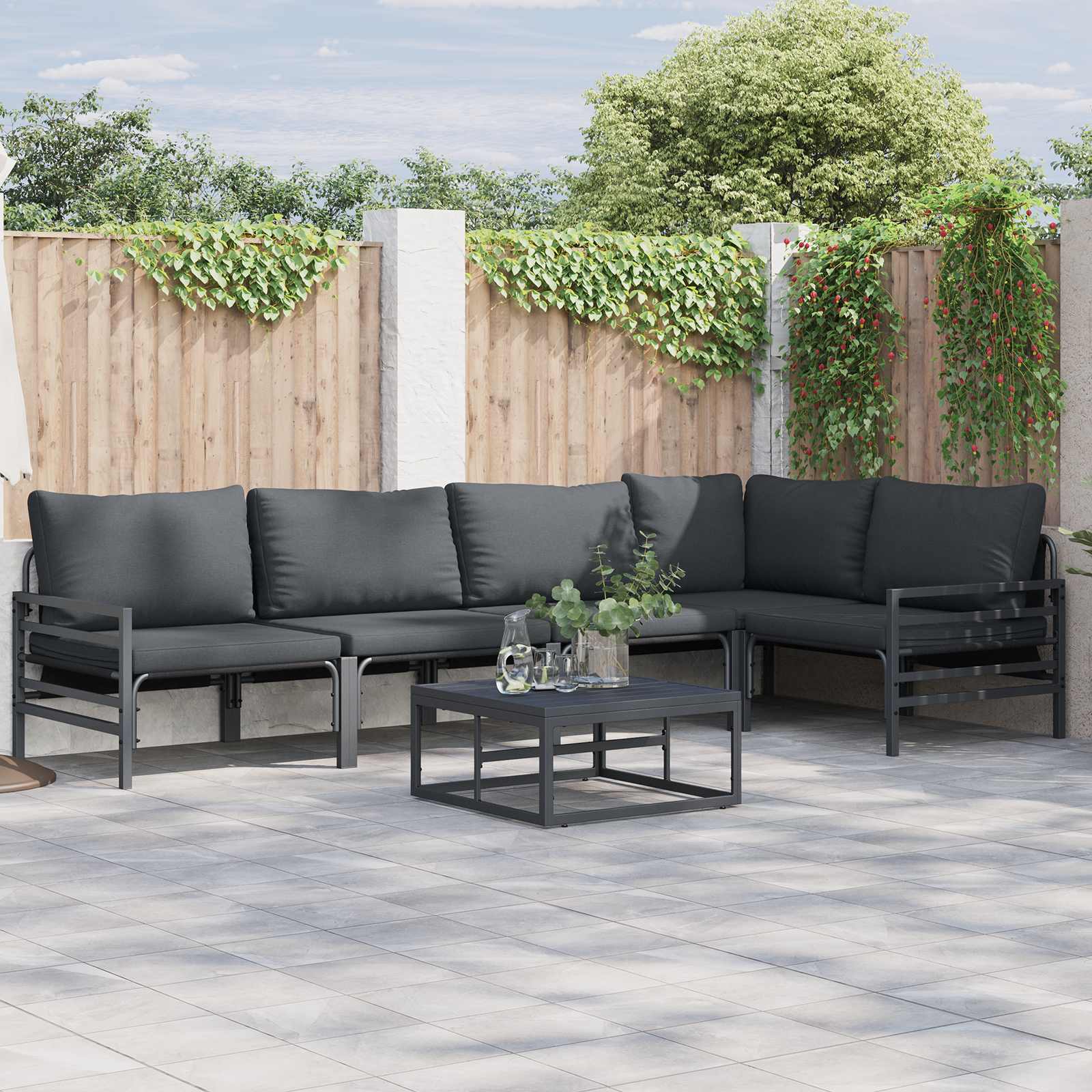Gartensofa-set mit Kissen 5 pcs Schwarz Stahl