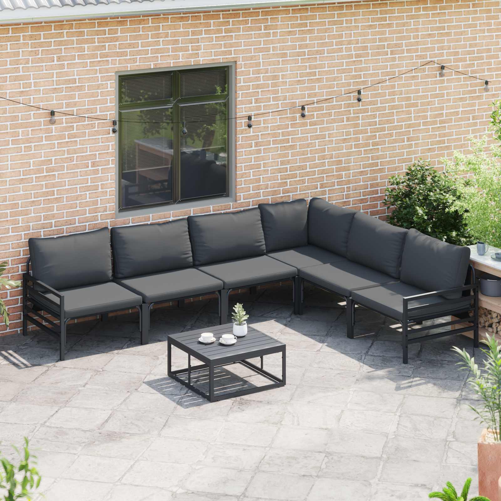 Gartensofa-set mit Kissen 7 pcs Schwarz Stahl