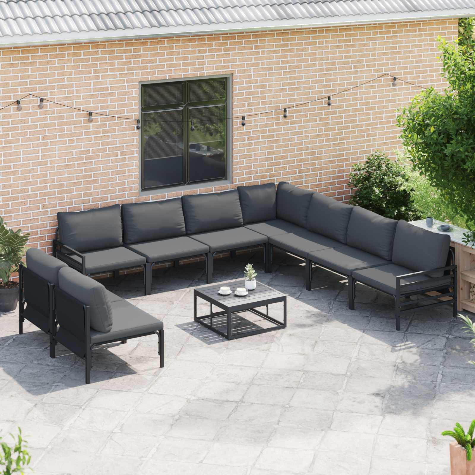 Gartensofa-set mit Kissen 9 pcs Schwarz Stahl
