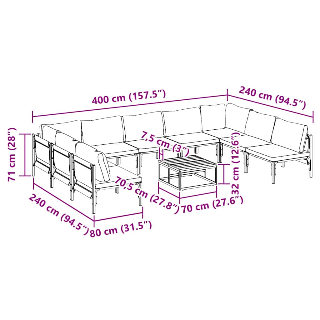 Gartensofa-set mit Kissen 10 pcs Schwarz Stahl