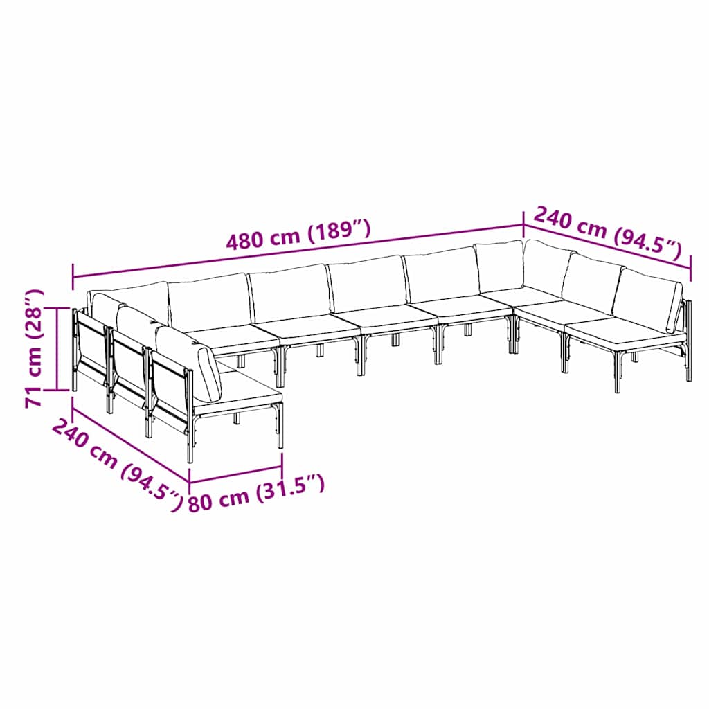 Gartensofa-set mit Kissen 10 pcs Schwarz Stahl