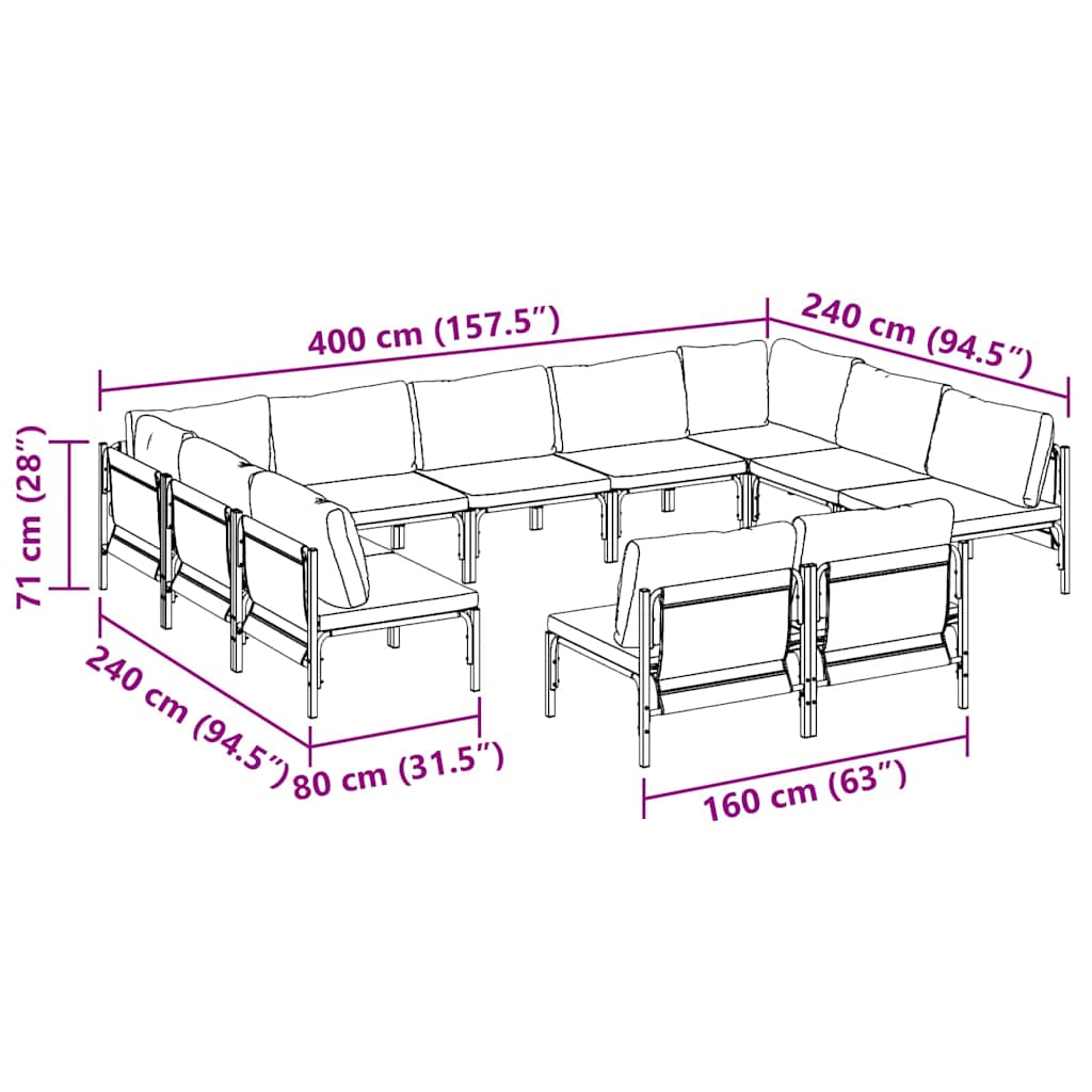 Gartensofa-set mit Kissen 11 pcs Schwarz Stahl