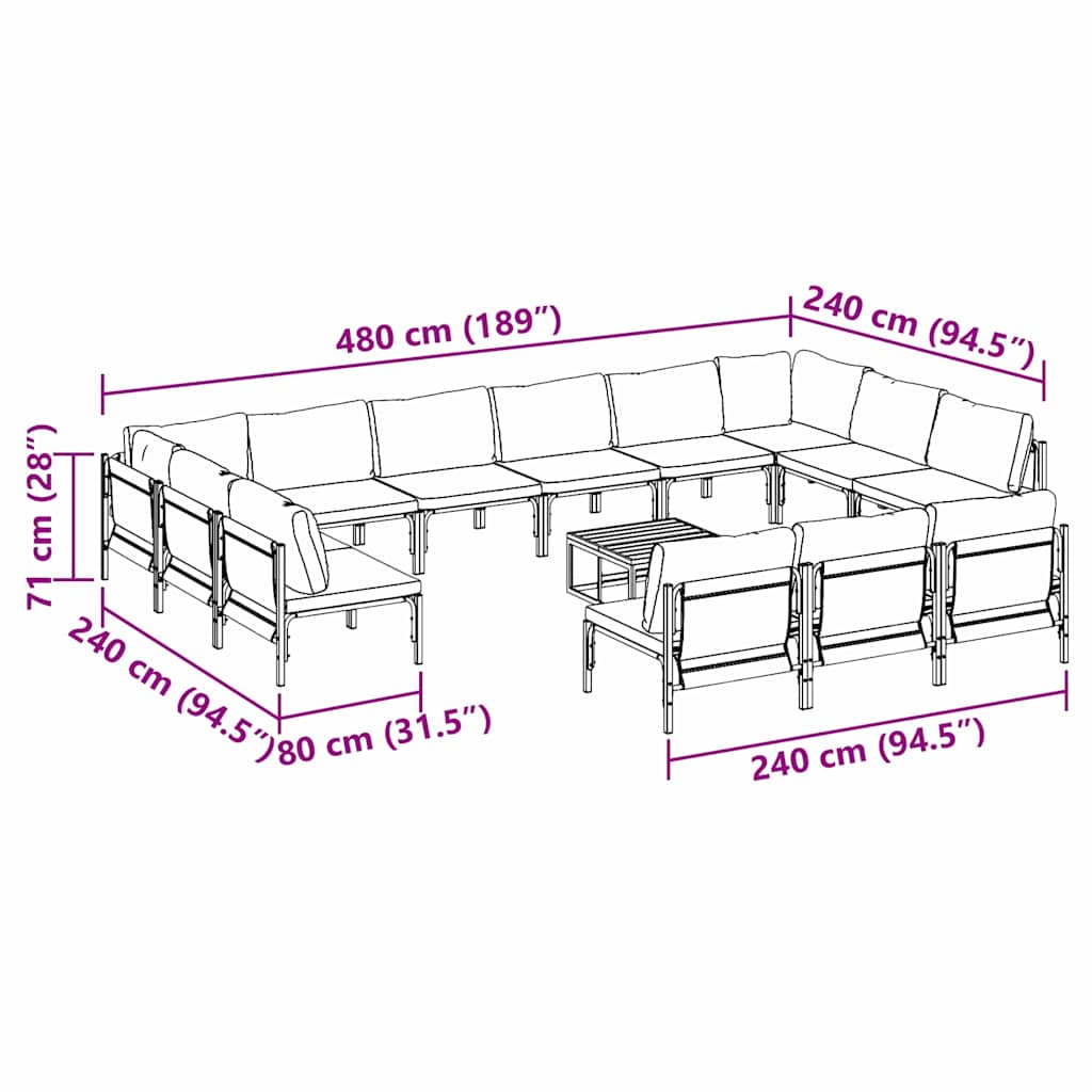 Gartensofa-set mit Kissen 14 pcs Schwarz Stahl