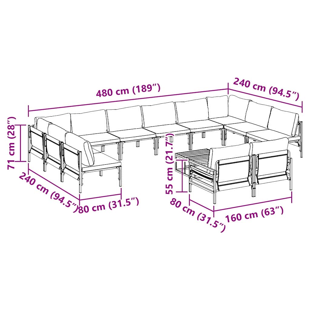 Gartensofa-set mit Kissen 13 pcs Schwarz Stahl