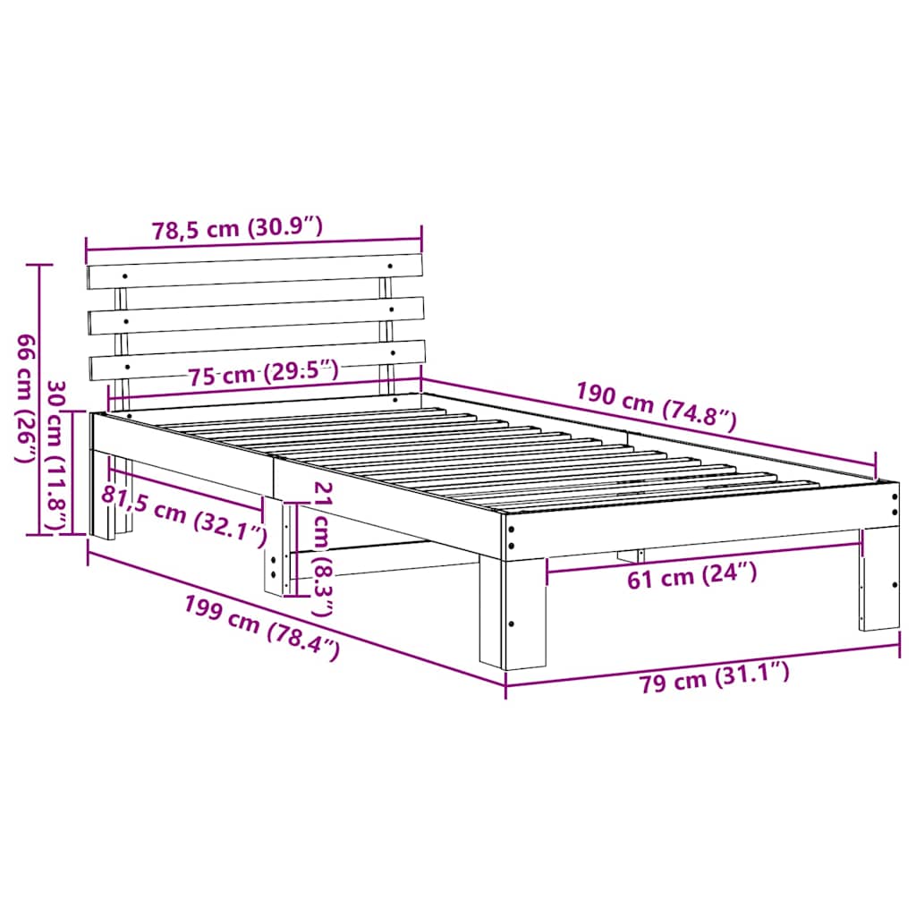Bettrahmen Wachsbraun 75 x 190 cm Massives Kiefernholz