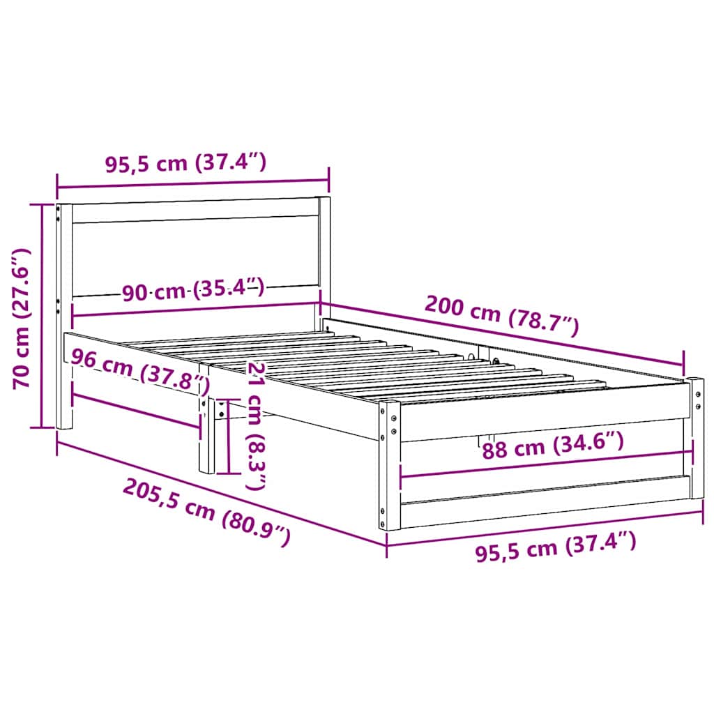 Bettrahmen Wachsbraun 90 x 200 cm Massives Kiefernholz
