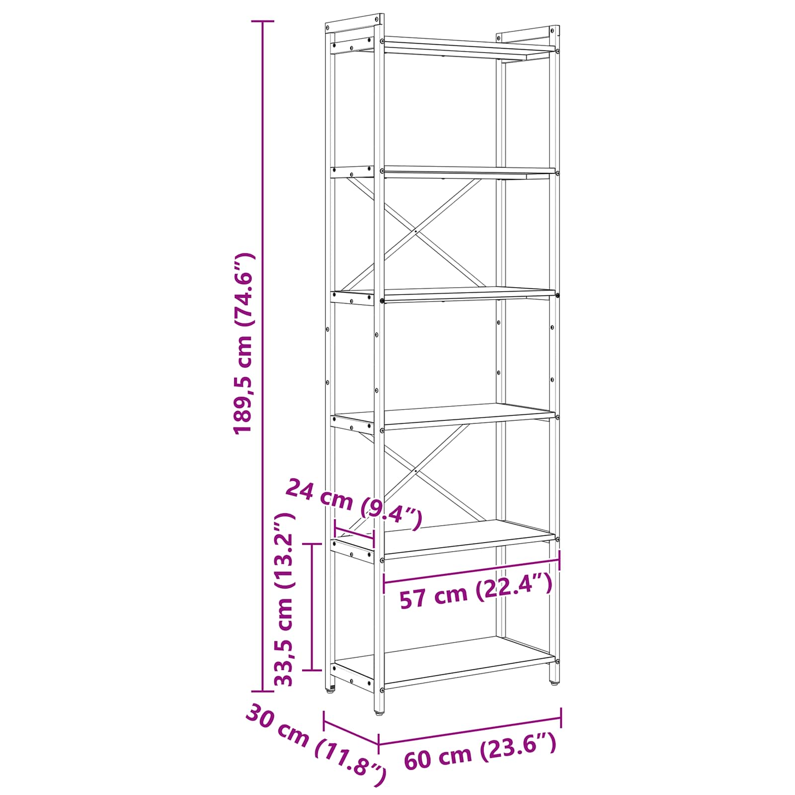 Bücherregal Grau Sonoma 60 x 30 x 189,5 cm Holzwerkstoff