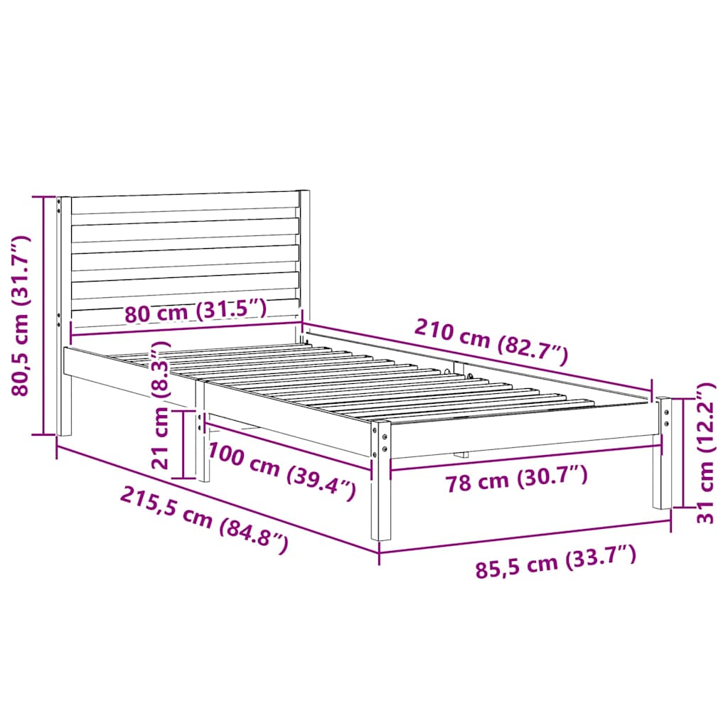 Bettrahmen mit Kopfteil Braun 80 x 210 cm Massives Kiefernholz