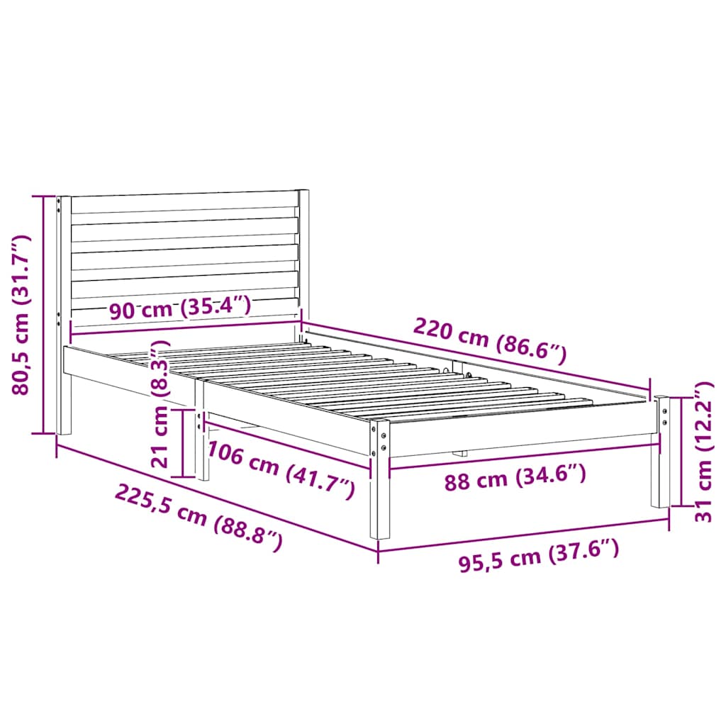 Bettrahmen mit Kopfteil Weiß 90 x 220 cm Massives Kiefernholz
