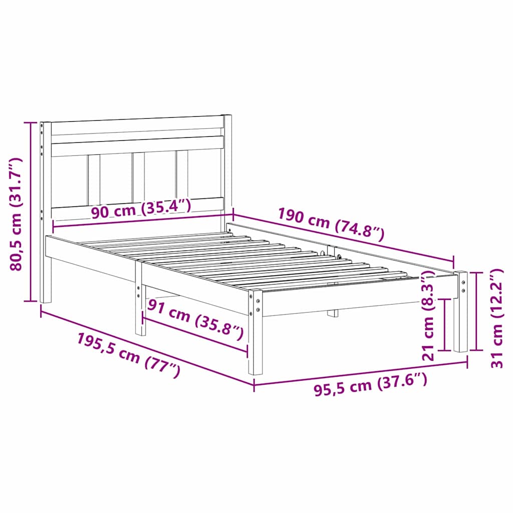 Bettrahmen Braun 90 x 190 cm Massives Kiefernholz