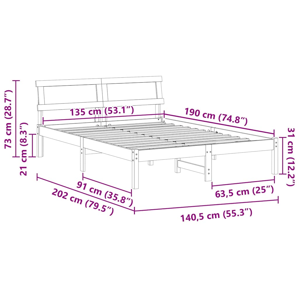 Bettrahmen Wachsbraun 135 x 190 cm Massives Kiefernholz