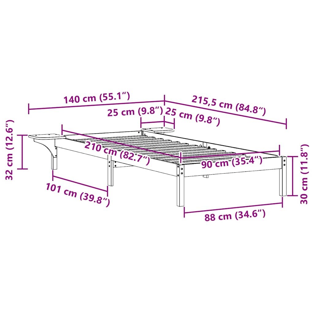 Bettgestell mit Nachttischen Wachsbraun 90 x 210 cm