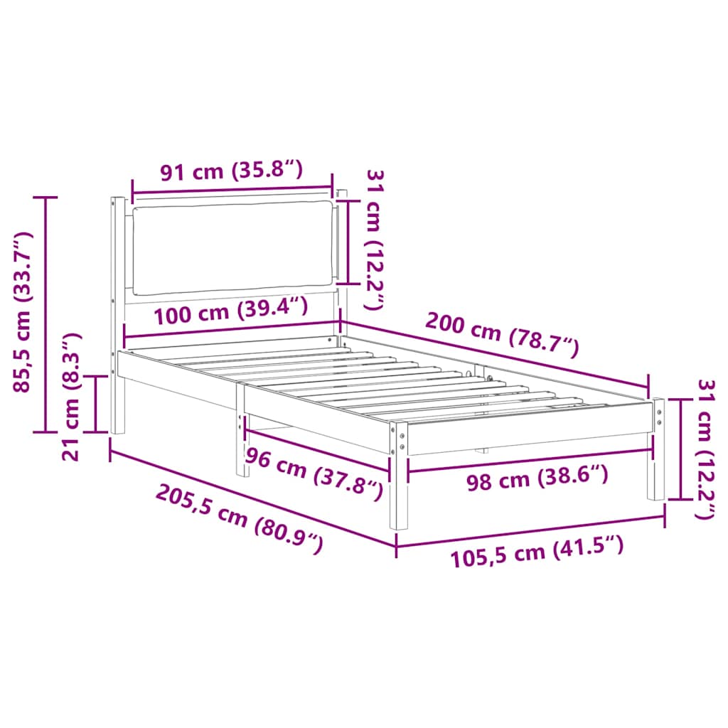 Bettrahmen Hellgrau 100 x 200 cm Massives Kiefernholz