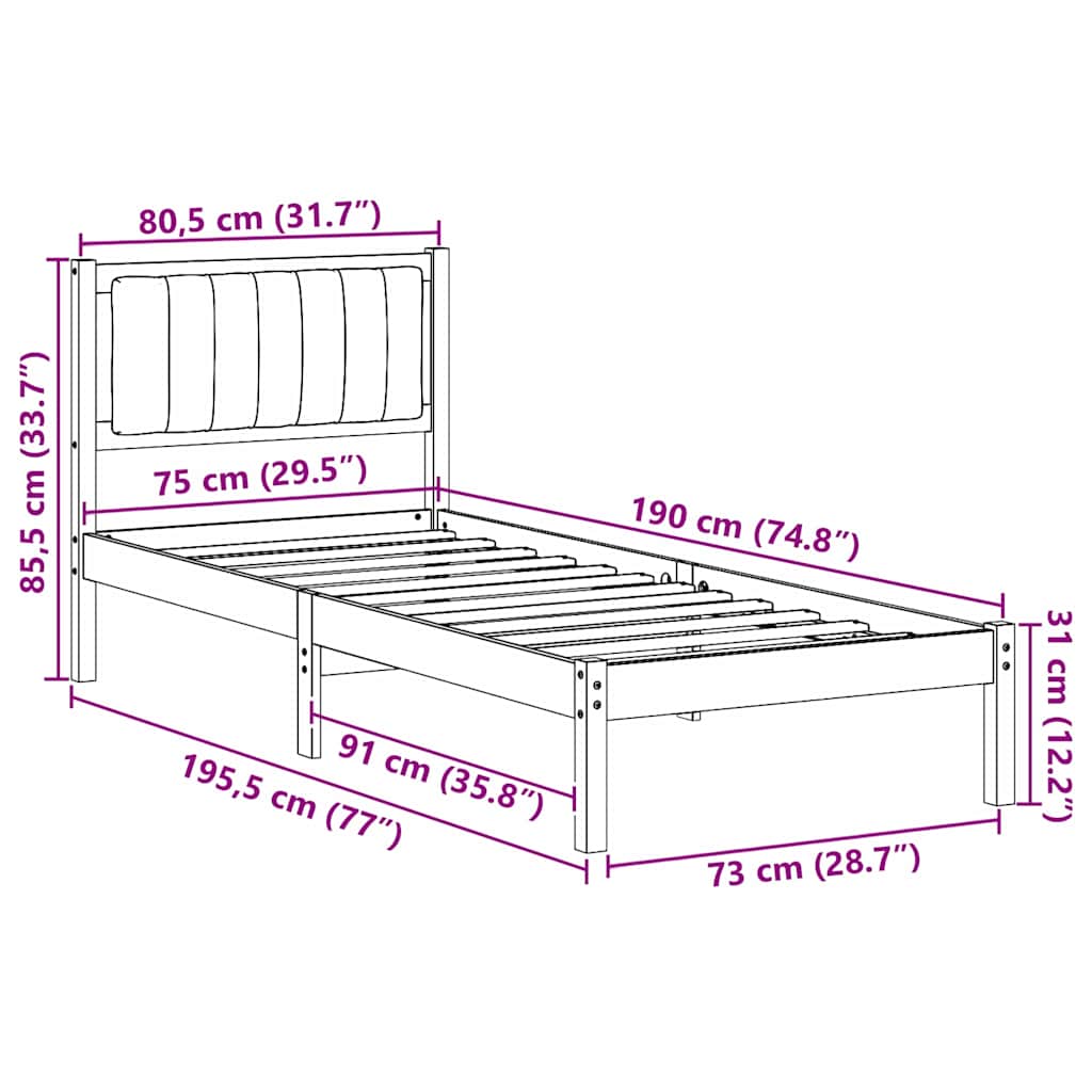 Bettgestell mit gepolstertem Kopfteil Hellgrau 75 x 190 cm