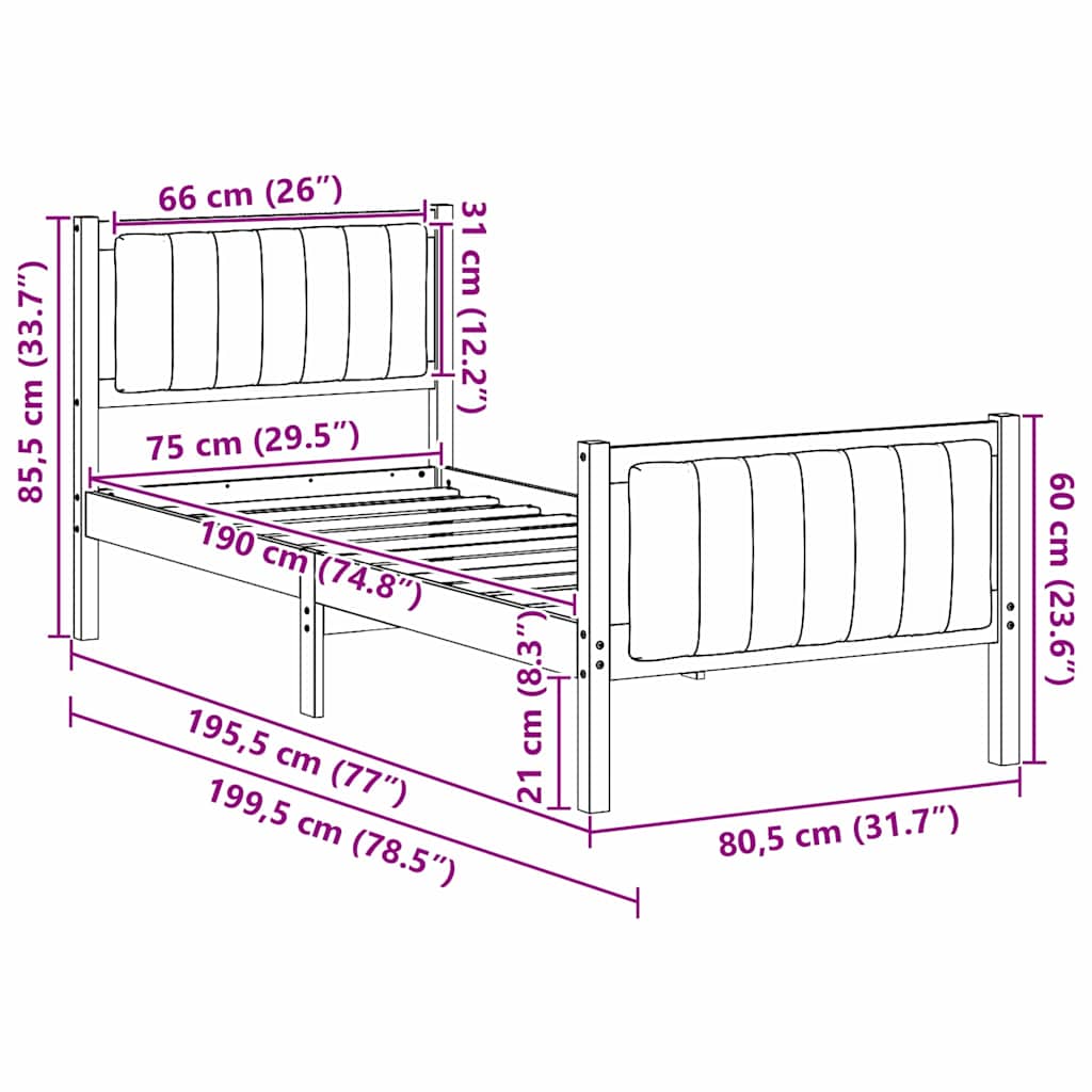 Bettgestell Braun und Dunkelgrau 75 x 190 cm Massivholz Kiefer