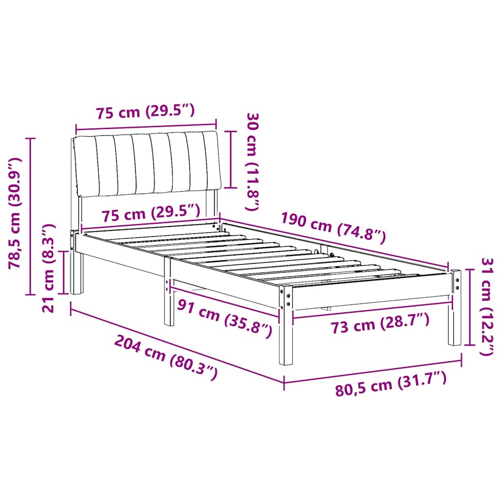 Bettgestell Braun und hellgrau 75 x 190 cm Massivholz Kiefer