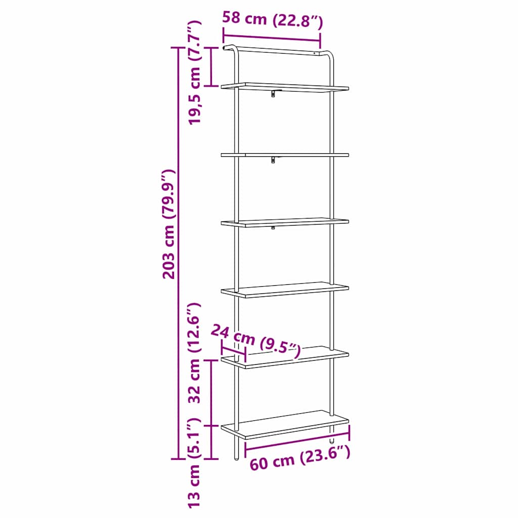 Bücherregal Schwarz Eichen-Optik 60 x 24 x 203 cm Holzwerkstoff