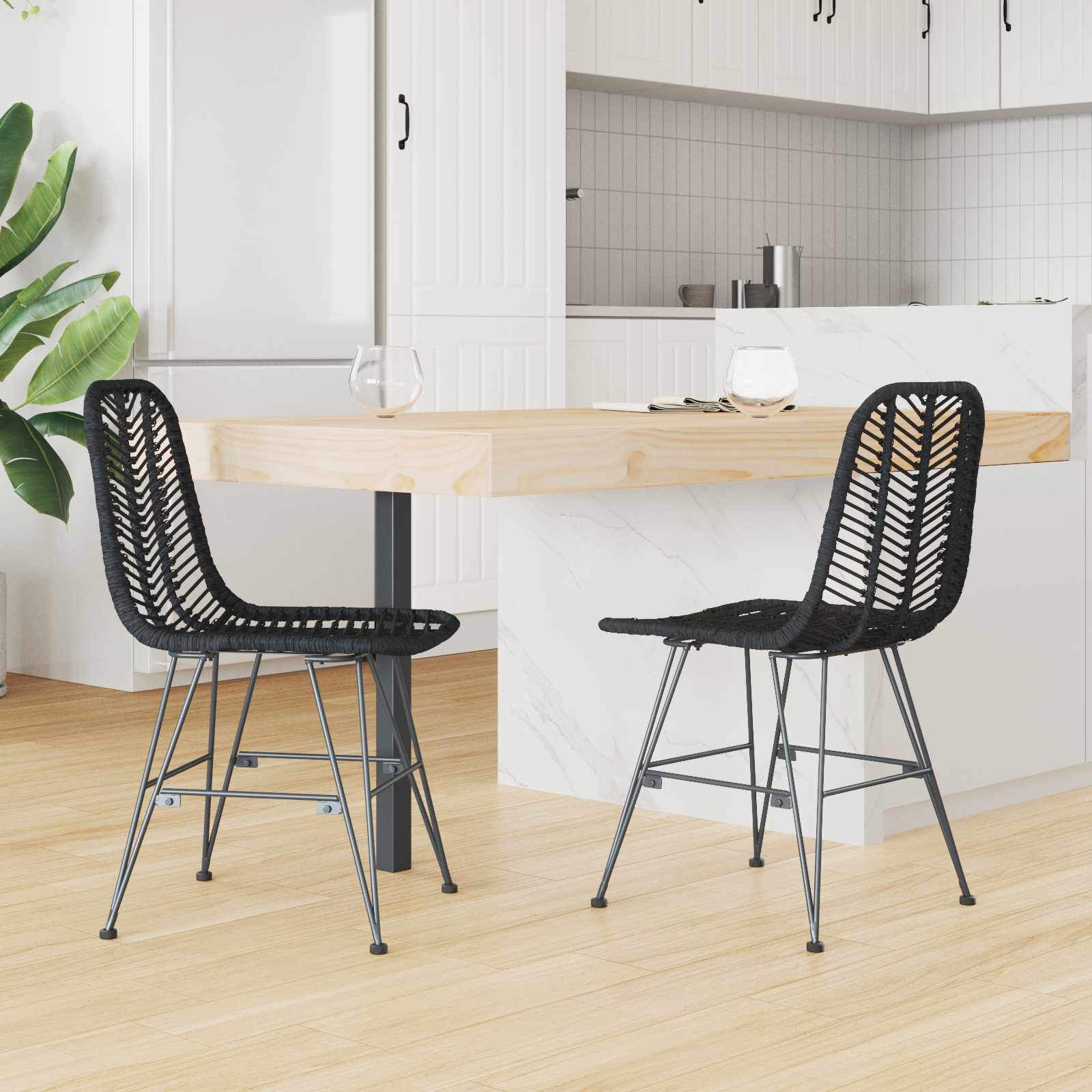 Esszimmerstuhl 2 pcs Rattan und Eisen Schwarz