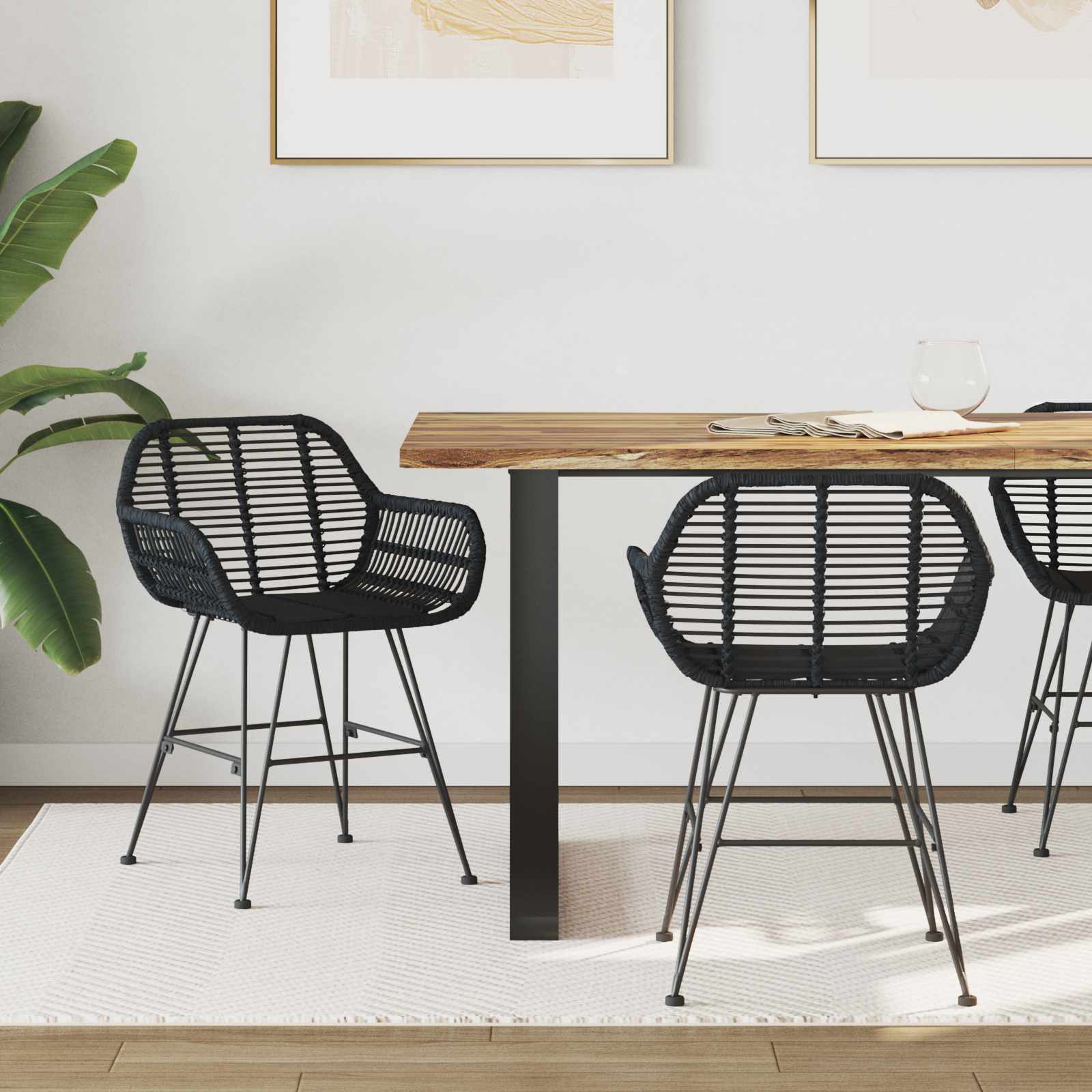 Esszimmerstuhl 2 pcs Rattan und Eisen Schwarz 55 x 50 x 74 cm