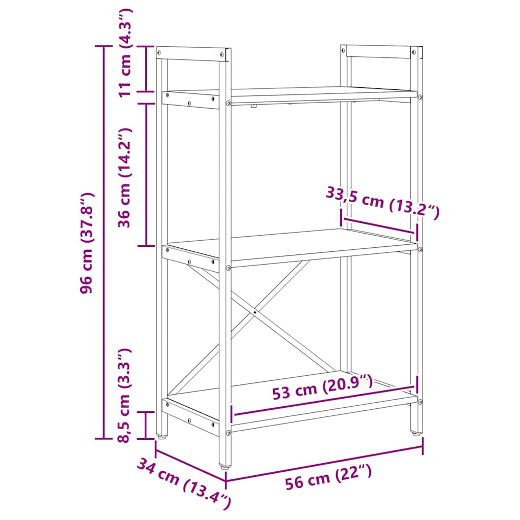 Bücherregal Schwarz Eichen-Optik 56 x 34 x 96 cm Holzwerkstoff