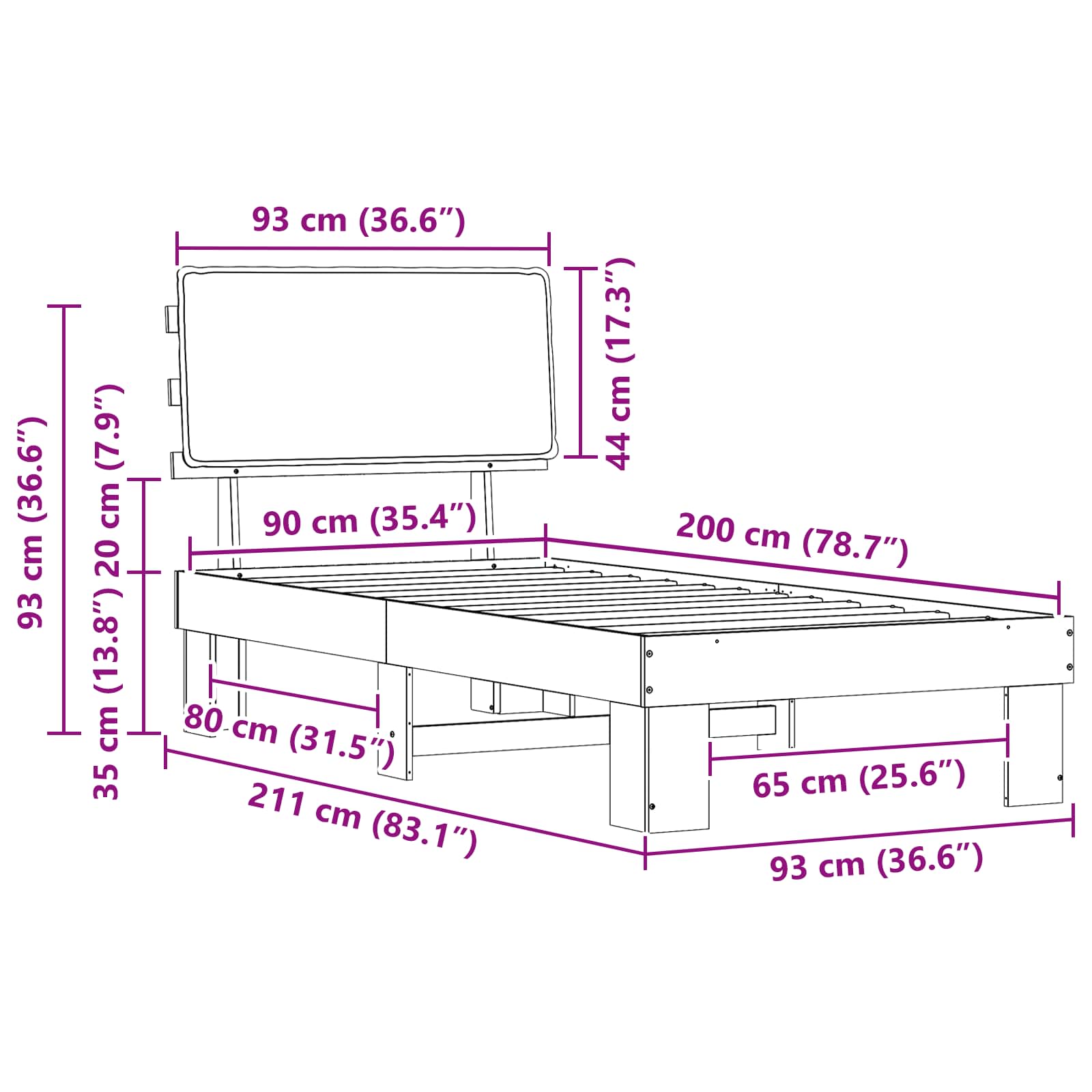 Bettgestell mit gepolstertem Kopfteil Hellgrau 90 x 200 cm