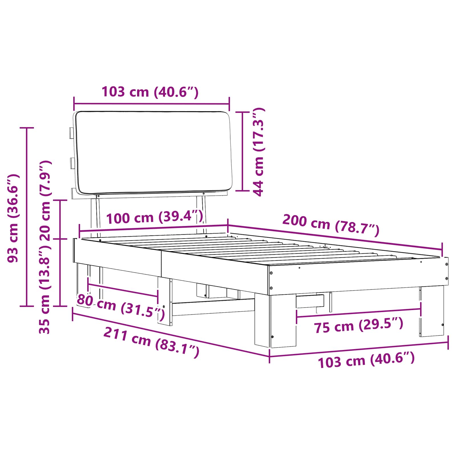 Bettgestell mit gepolstertem Kopfteil Hellgrau 100 x 200 cm