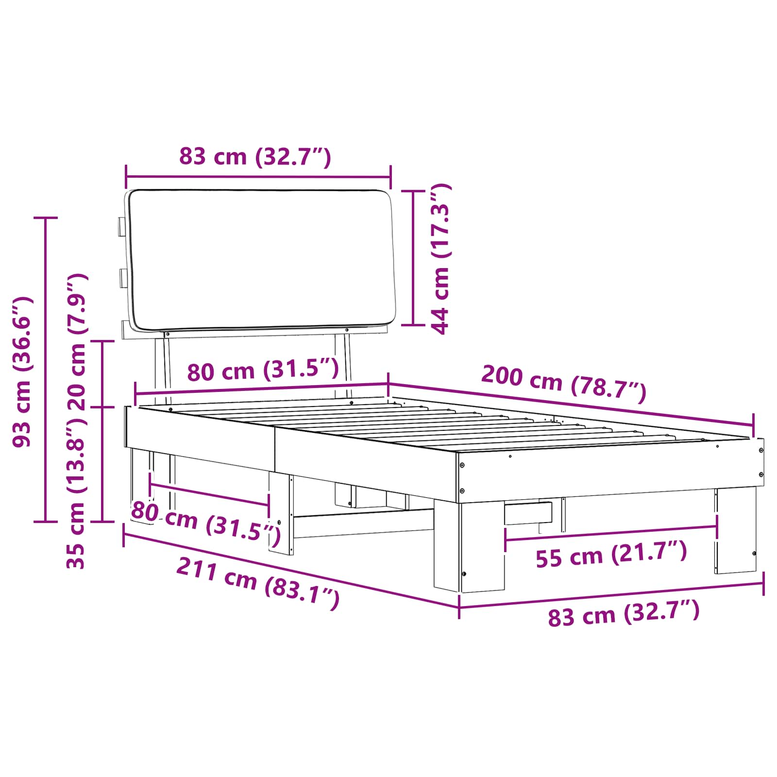 Bettgestell mit gepolstertem Kopfteil Dunkelgrau 80 x 200 cm
