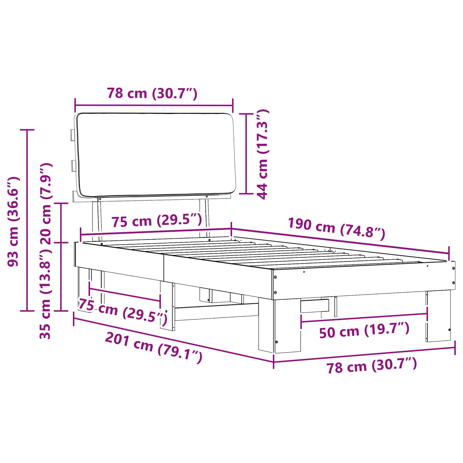 Bettgestell mit gepolstertem Kopfteil Schwarz 75 x 190 cm