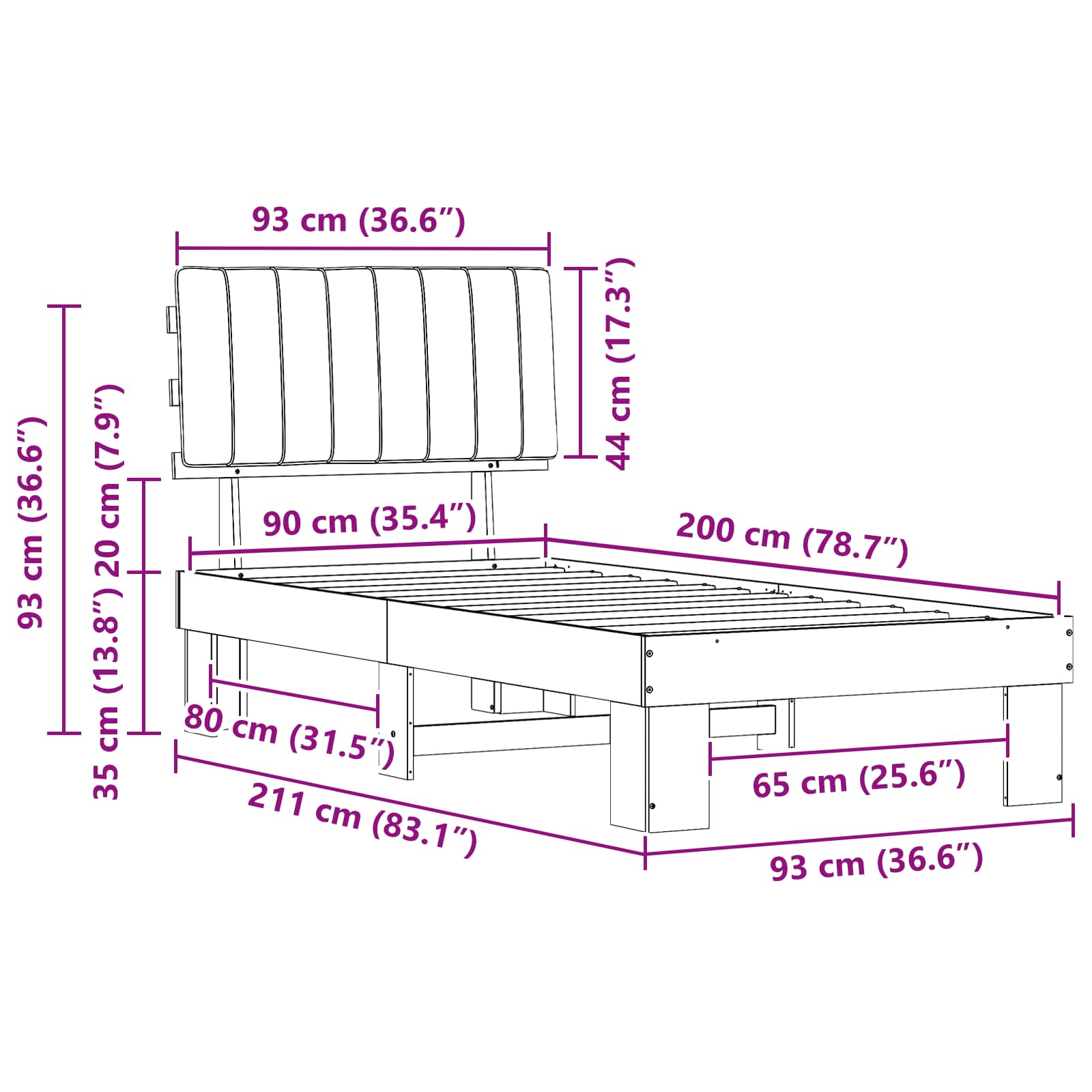 Bettgestell mit gepolstertem Kopfteil Dunkelgrau 90 x 200 cm