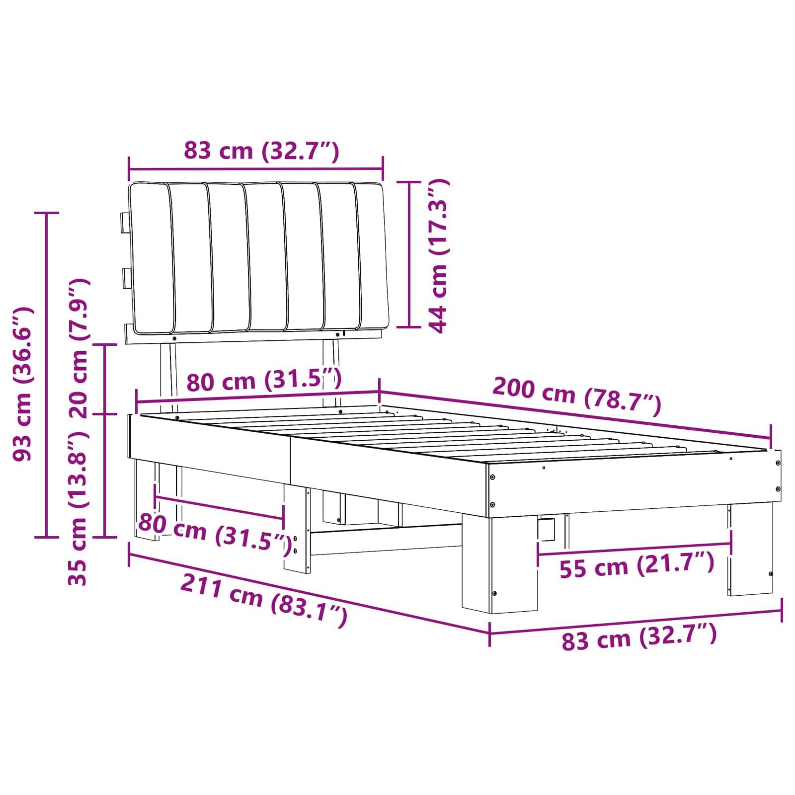 Bettgestell mit gepolstertem Kopfteil Hellgrau 80 x 200 cm