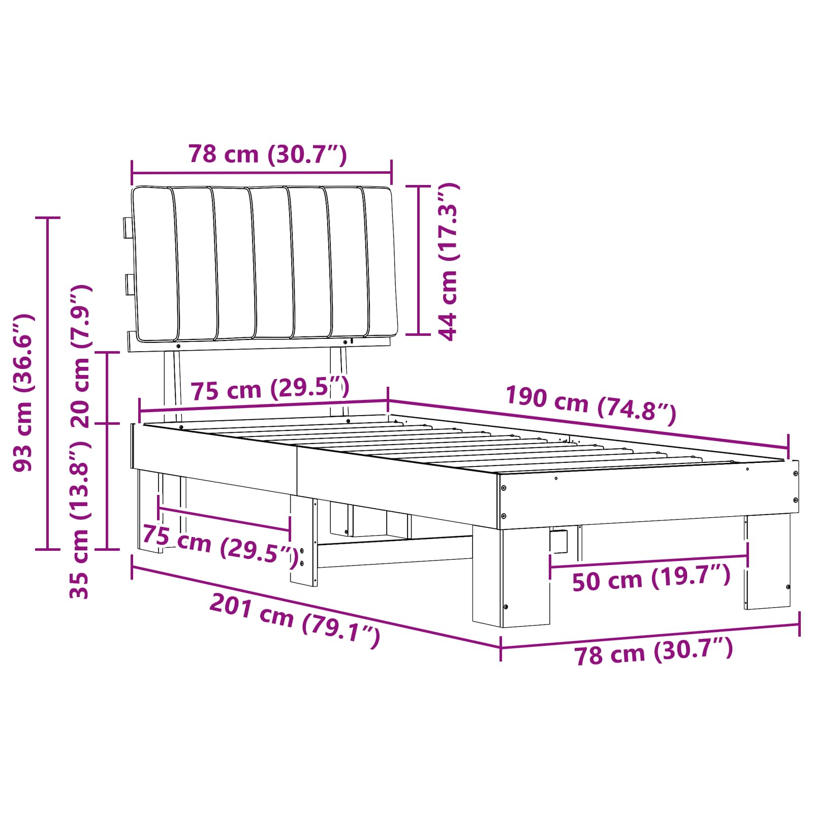 Bettgestell mit gepolstertem Kopfteil Dunkelgrau 75 x 190 cm