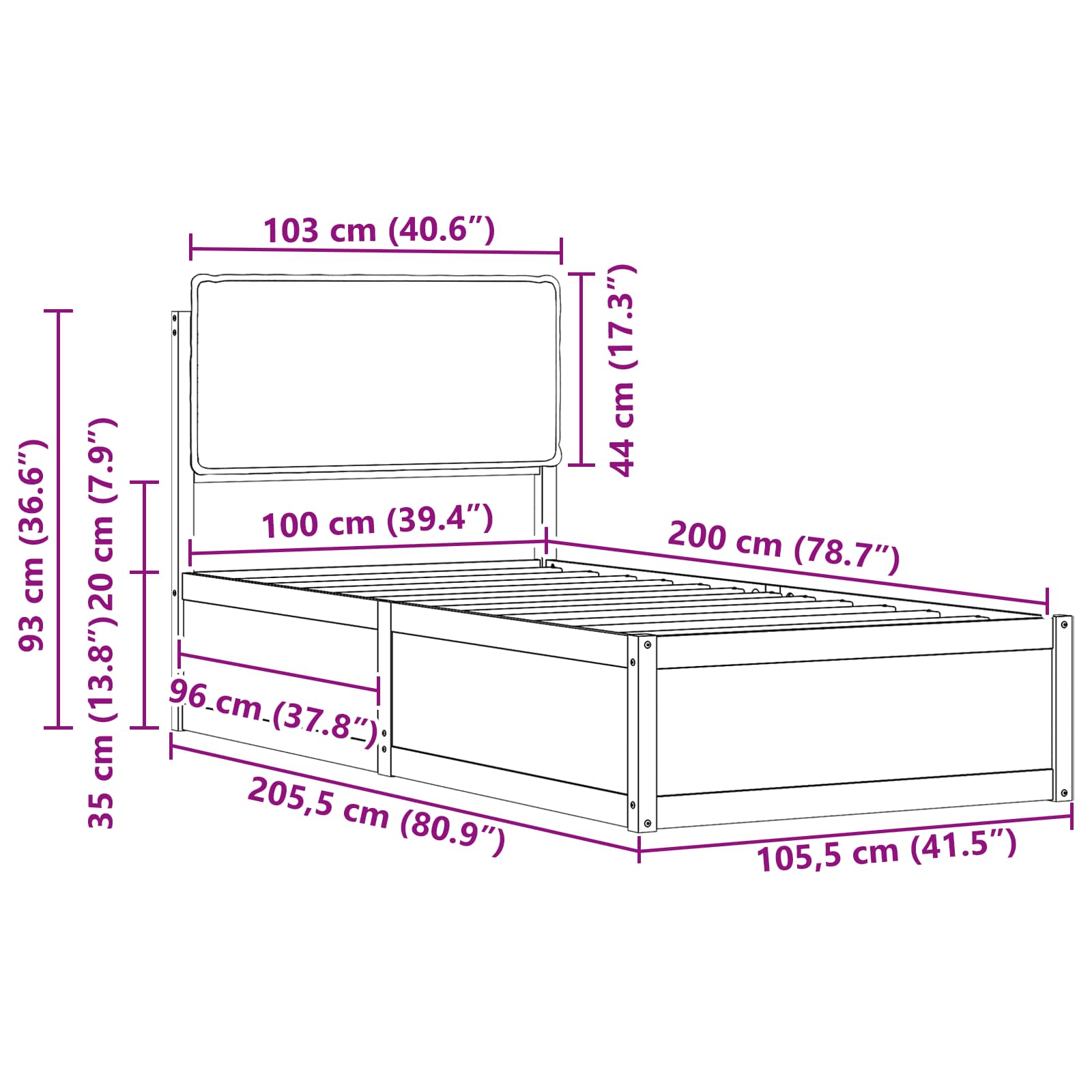Bettgestell mit gepolstertem Kopfteil Dunkelgrau 100 x 200 cm