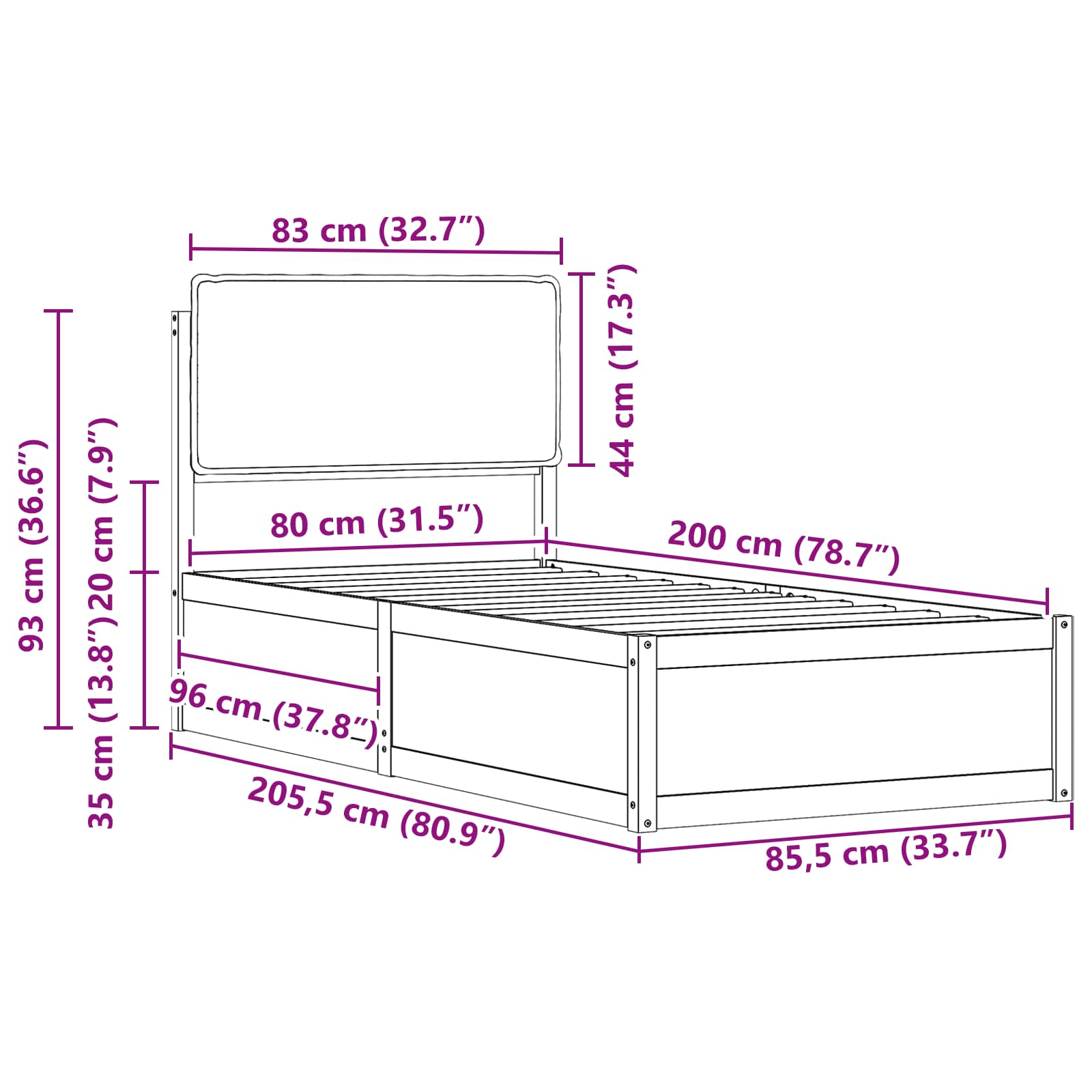 Bettgestell mit gepolstertem Kopfteil Dunkelgrau 80 x 200 cm