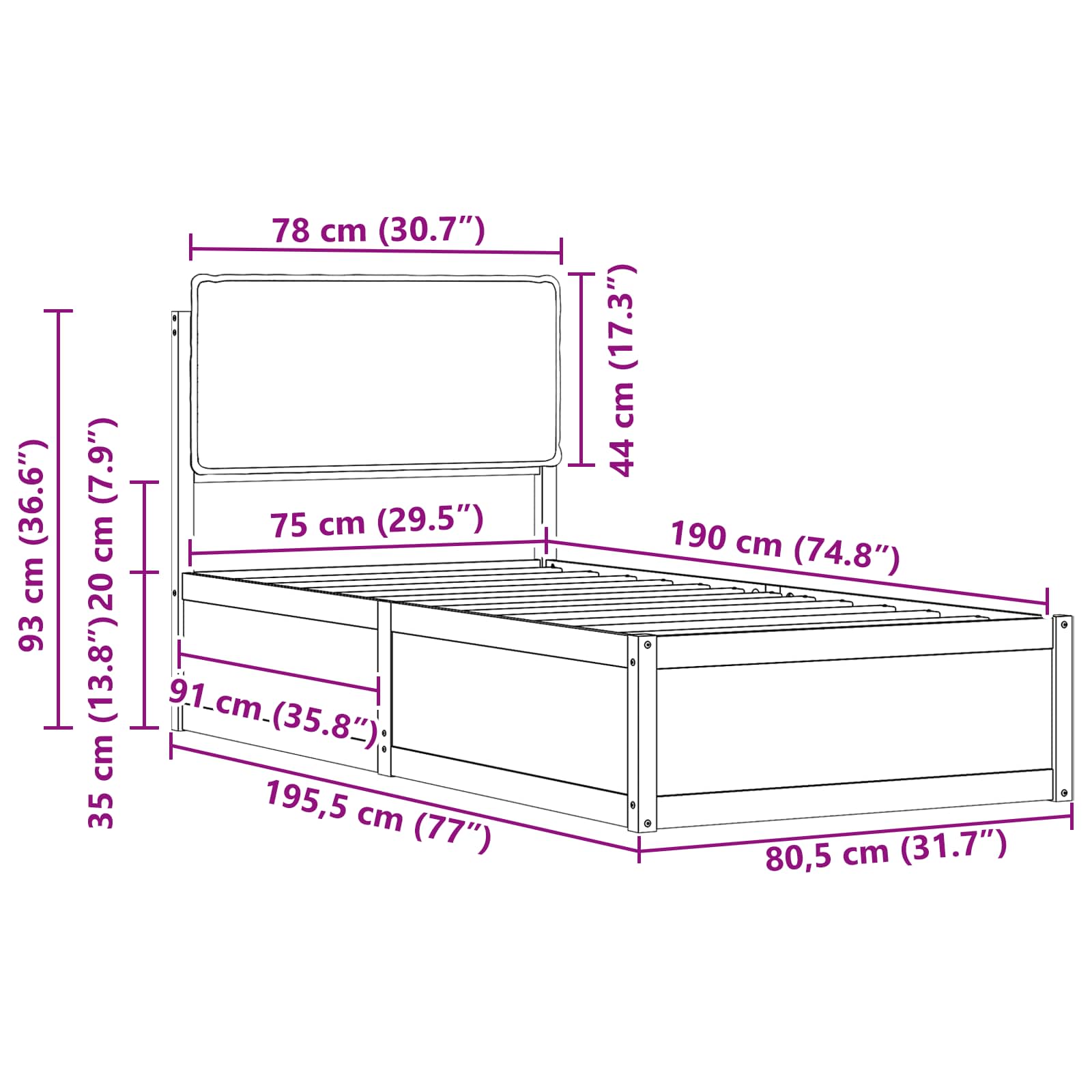 Bettgestell mit gepolstertem Kopfteil Hellgrau 75 x 190 cm