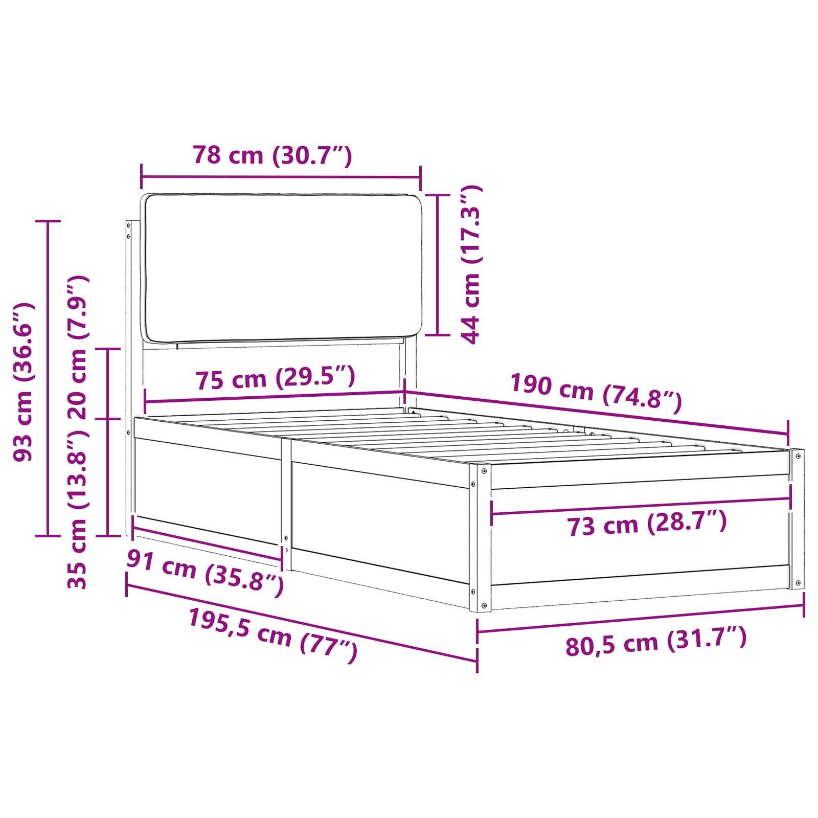 Bettgestell mit gepolstertem Kopfteil Taupe 75 x 190 cm