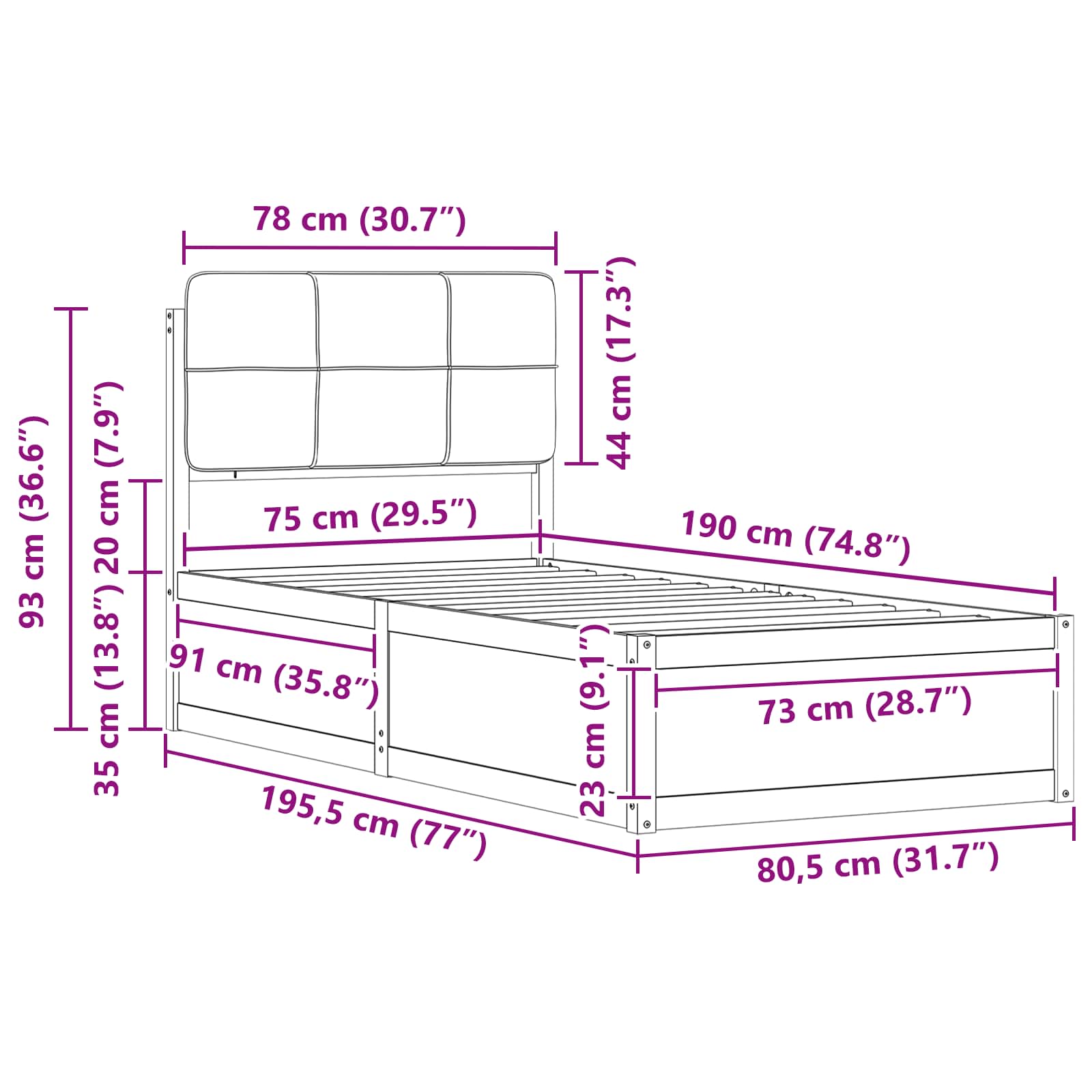 Bettgestell mit gepolstertem Kopfteil Taupe 75 x 190 cm