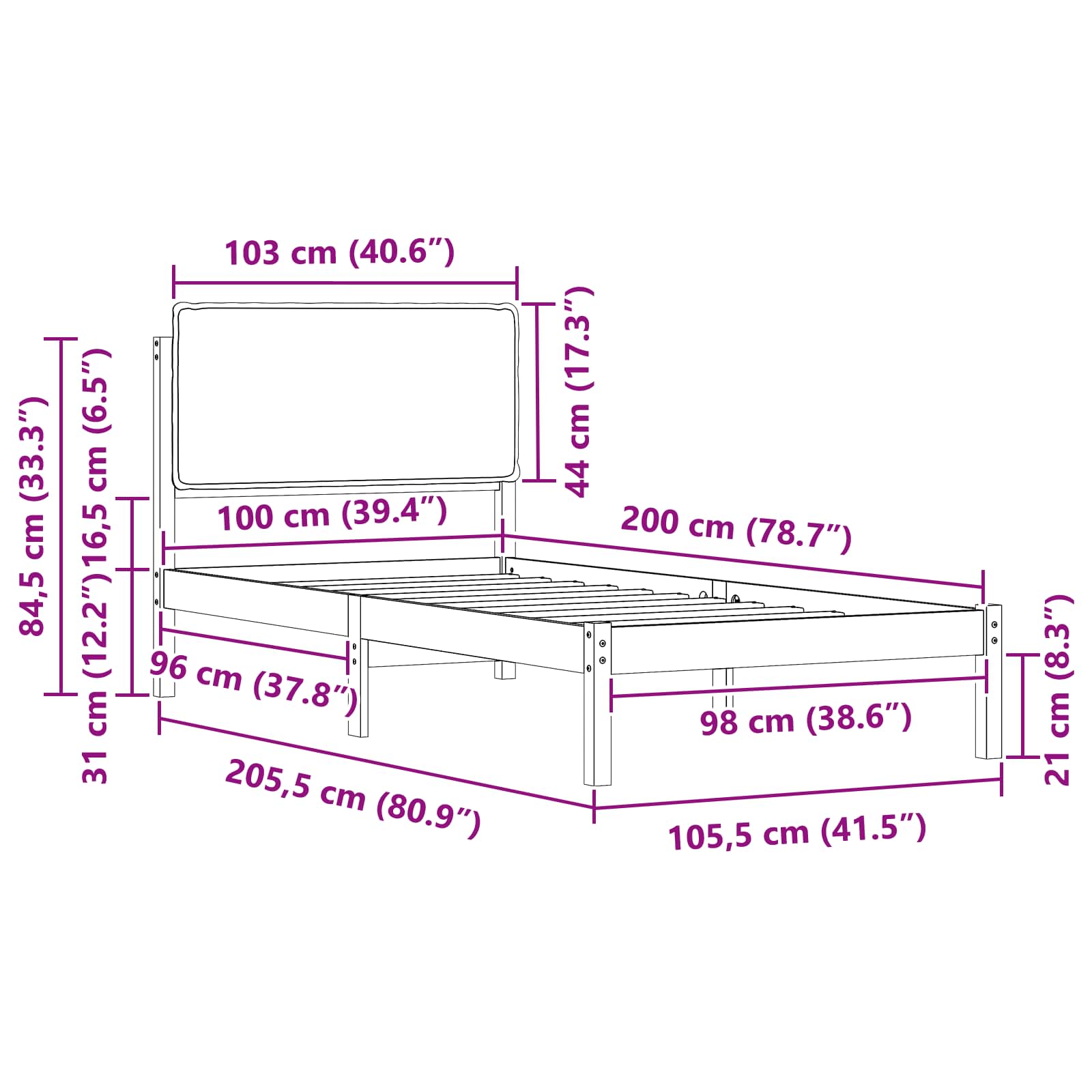 Bettgestell mit gepolstertem Kopfteil Hellgrau 100 x 200 cm