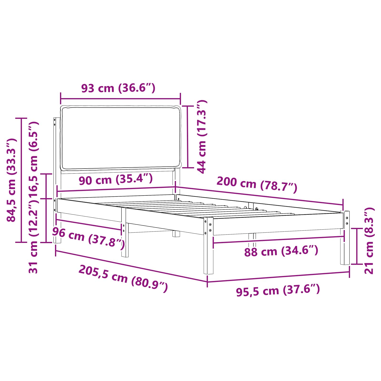 Bettgestell mit gepolstertem Kopfteil Schwarz 90 x 200 cm