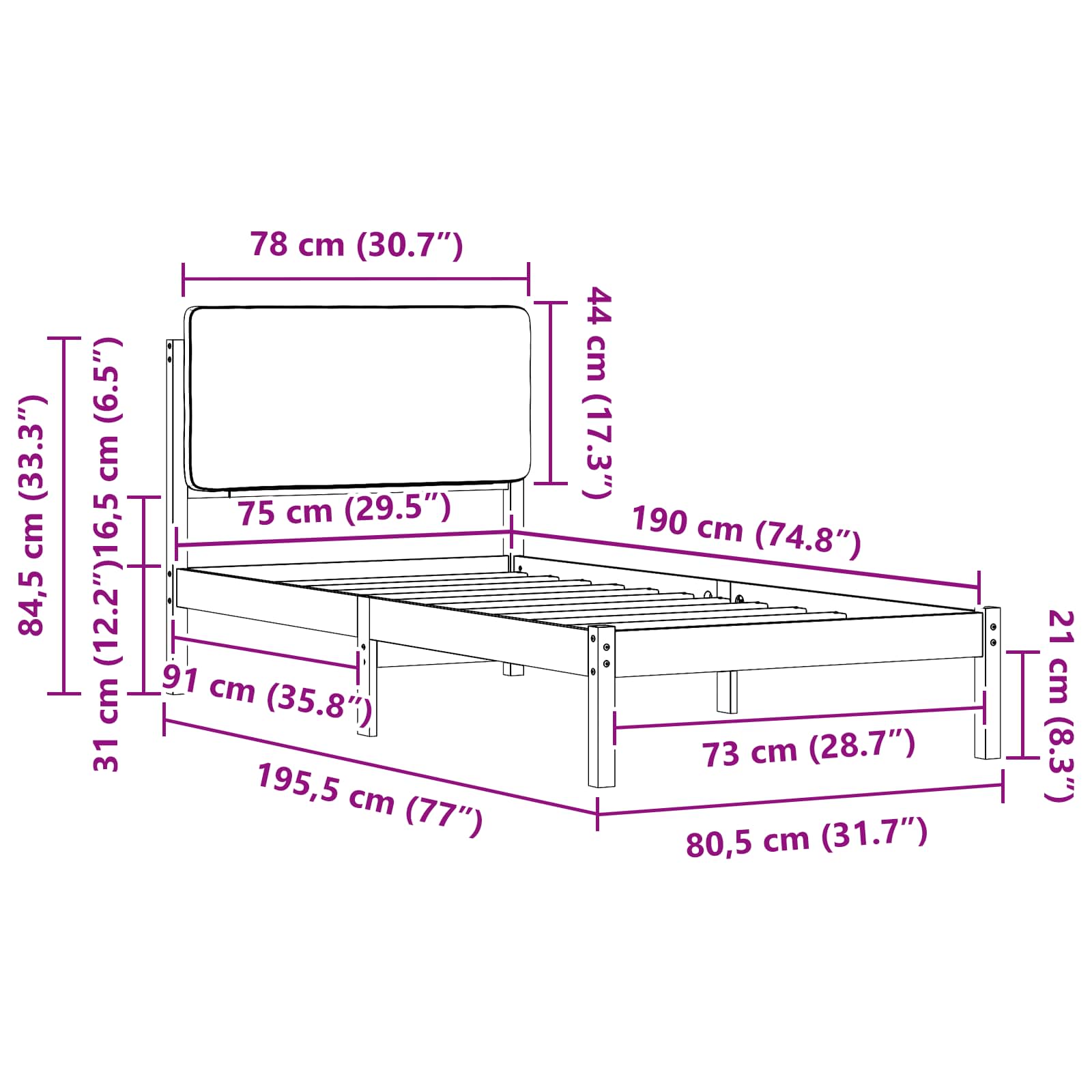 Bettgestell mit gepolstertem Kopfteil Taupe 75 x 190 cm