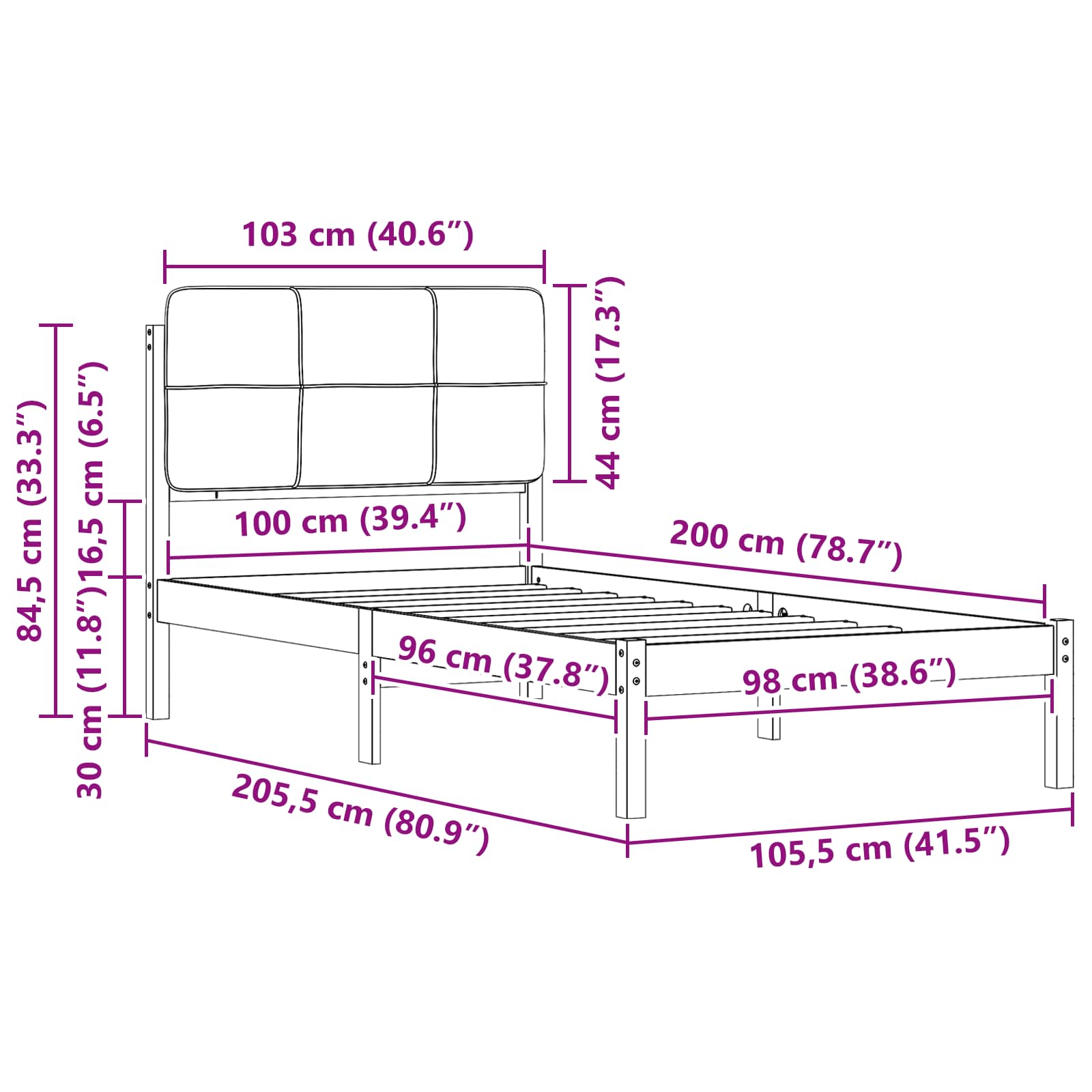 Bettgestell mit gepolstertem Kopfteil Schwarz 100 x 200 cm